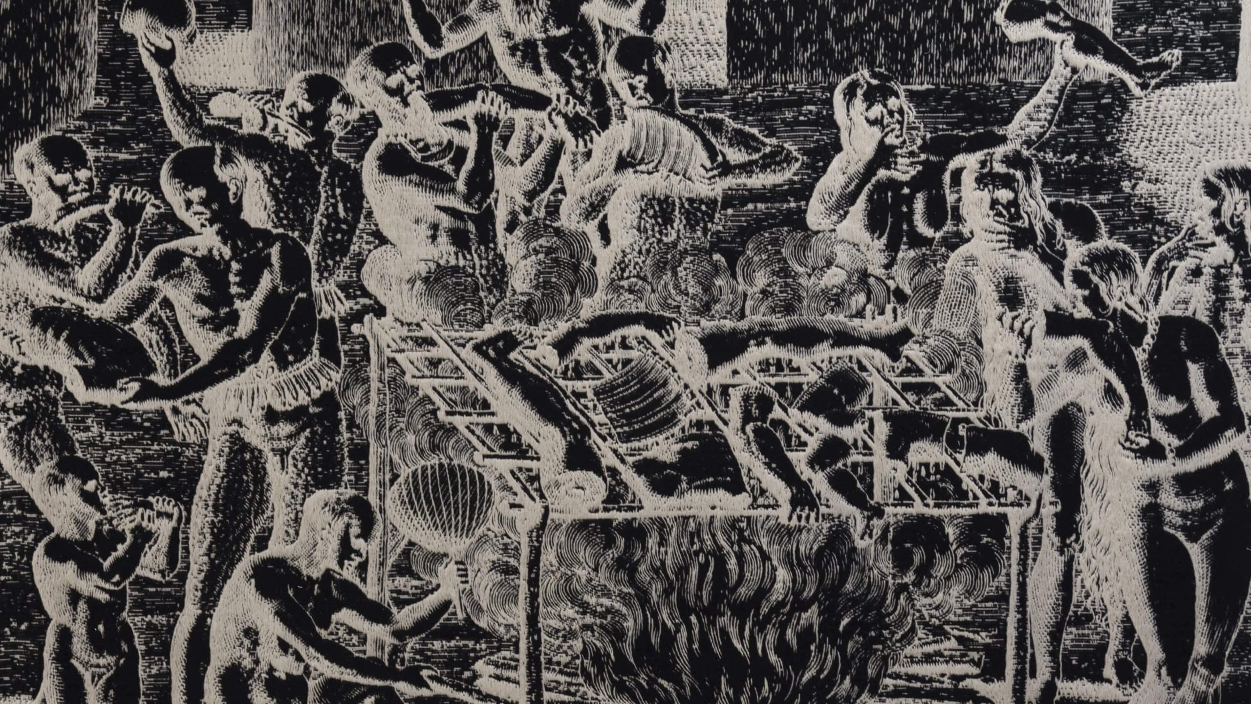 Tapisserie en laine et lin représentant un festin cannibale