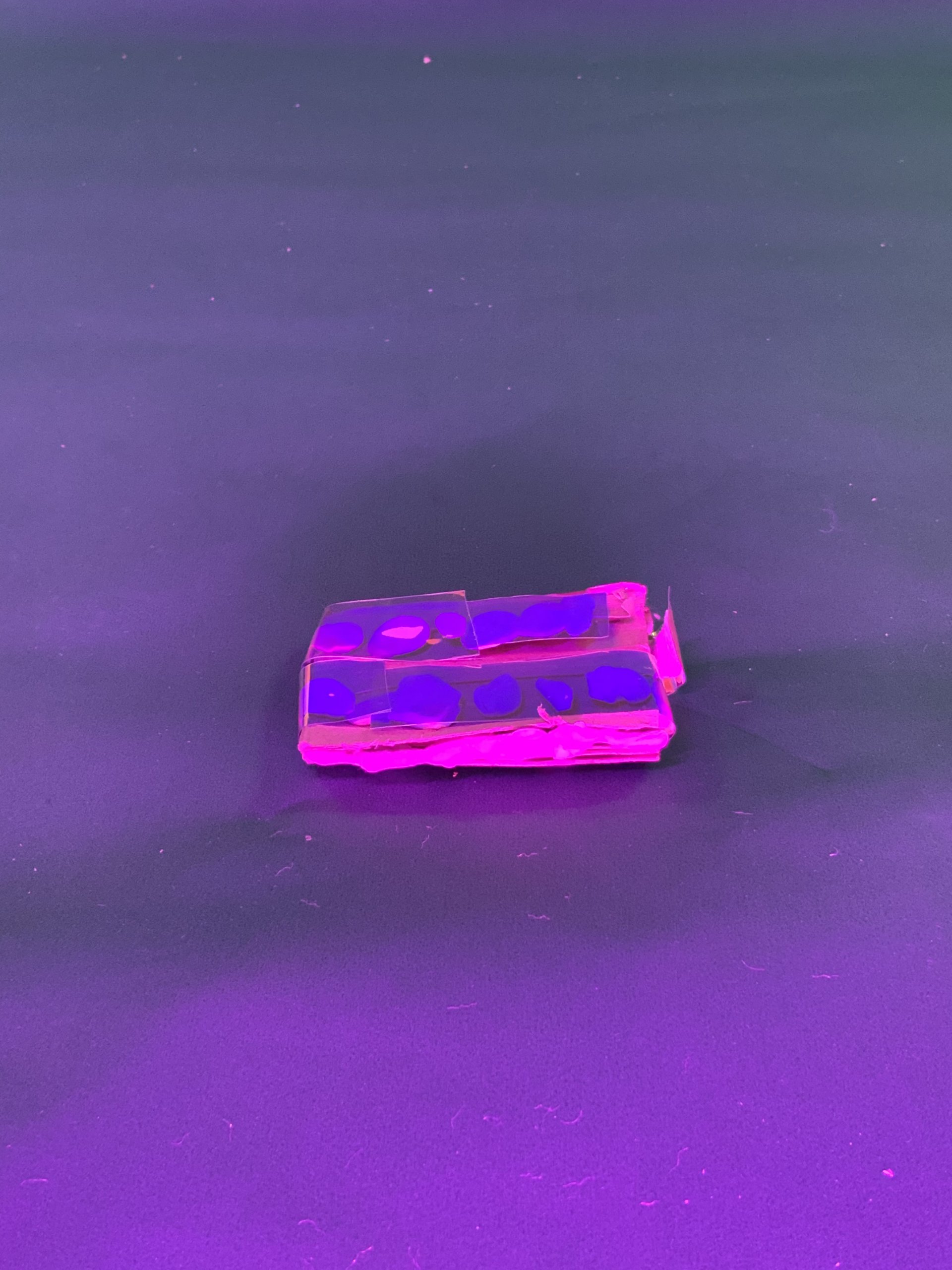 Un petit objet rectangulaire enveloppé dans du plastique transparent de teinte violette, comportant des fossettes circulaires sur le dessus, repose sur une surface violette sous un éclairage violet.