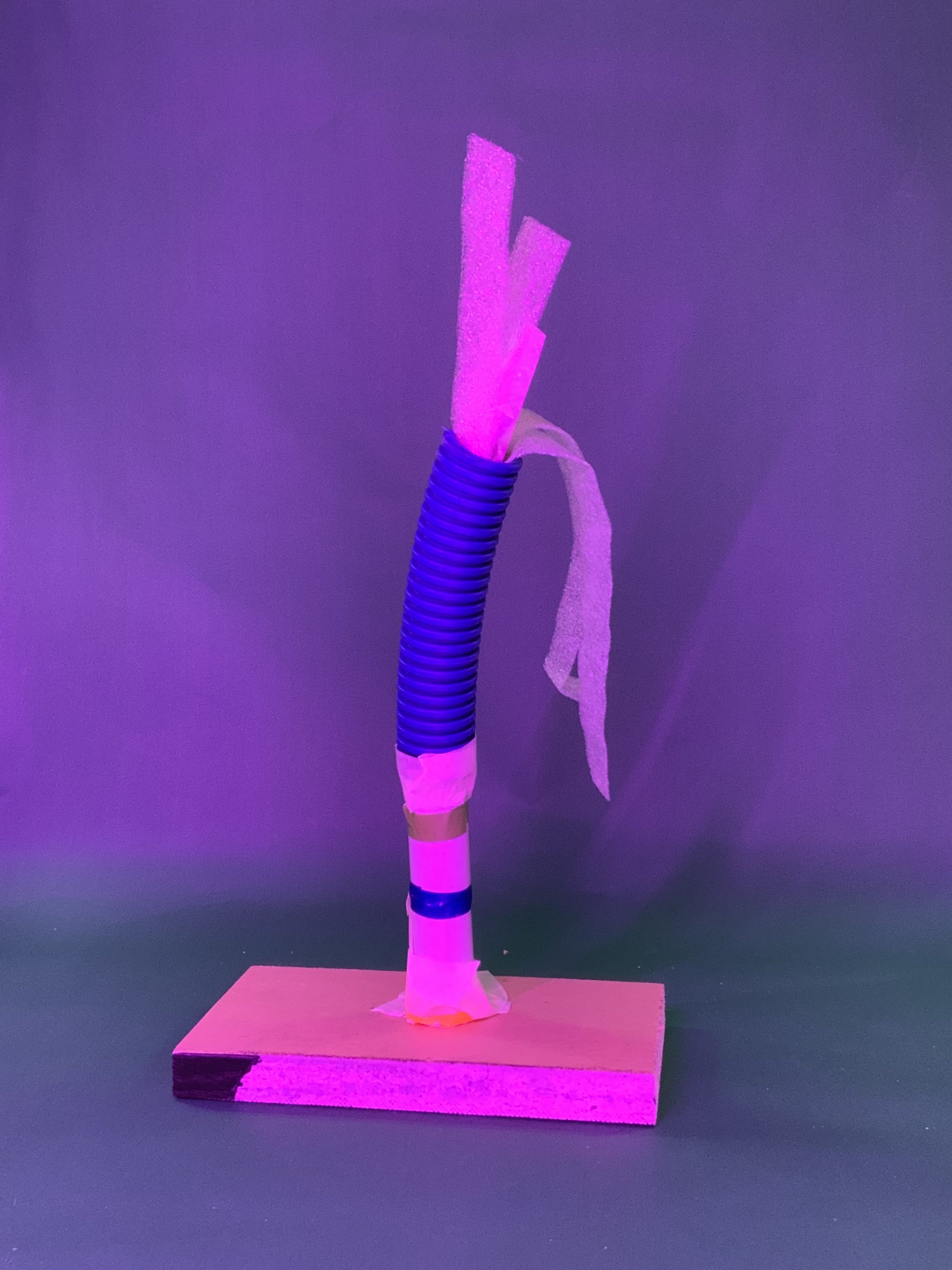 Une sculpture composée d'un tube ondulé bleu flexible et de bandes de mousse blanche, fixées à une base rectangulaire en mousse rose, est présentée sur un fond violet avec un éclairage violet.