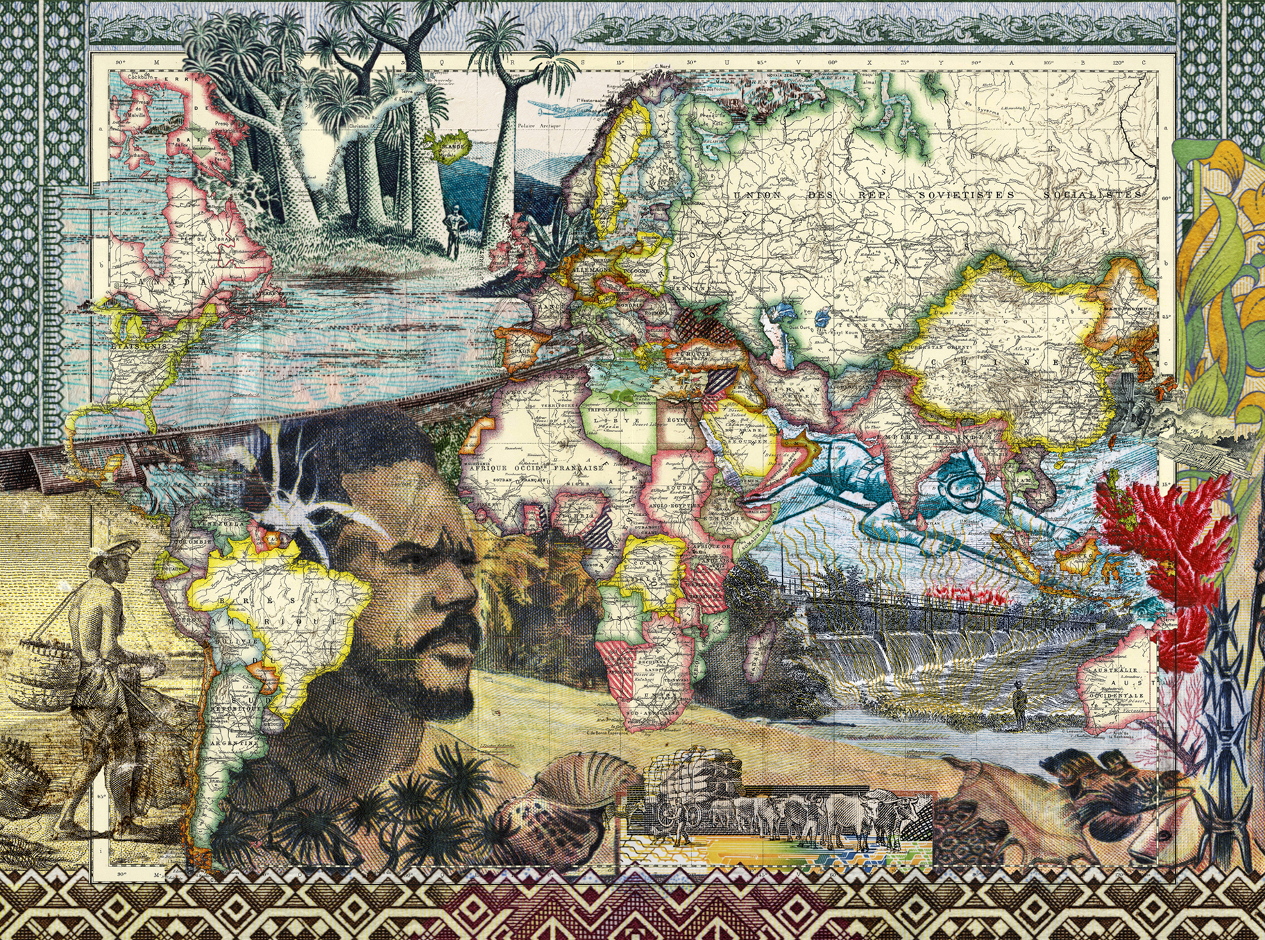 Portrait et carte mondiale avec icônes culturelles