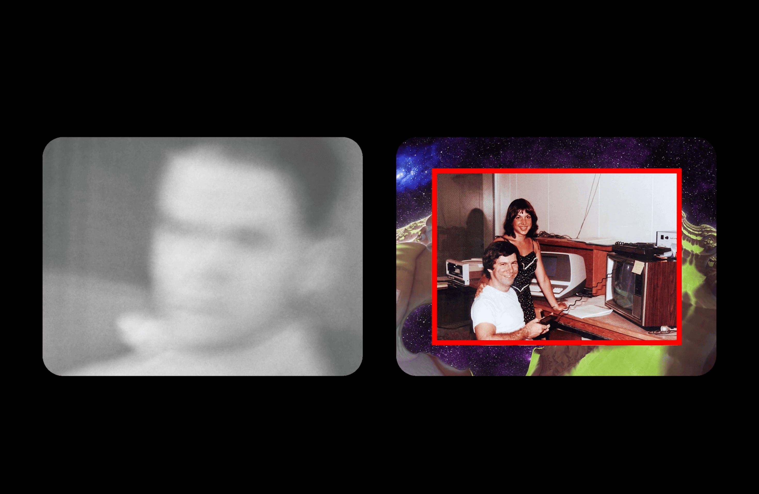 Photo floue en noir et blanc à gauche, couple posant devant des ordinateurs à droite.