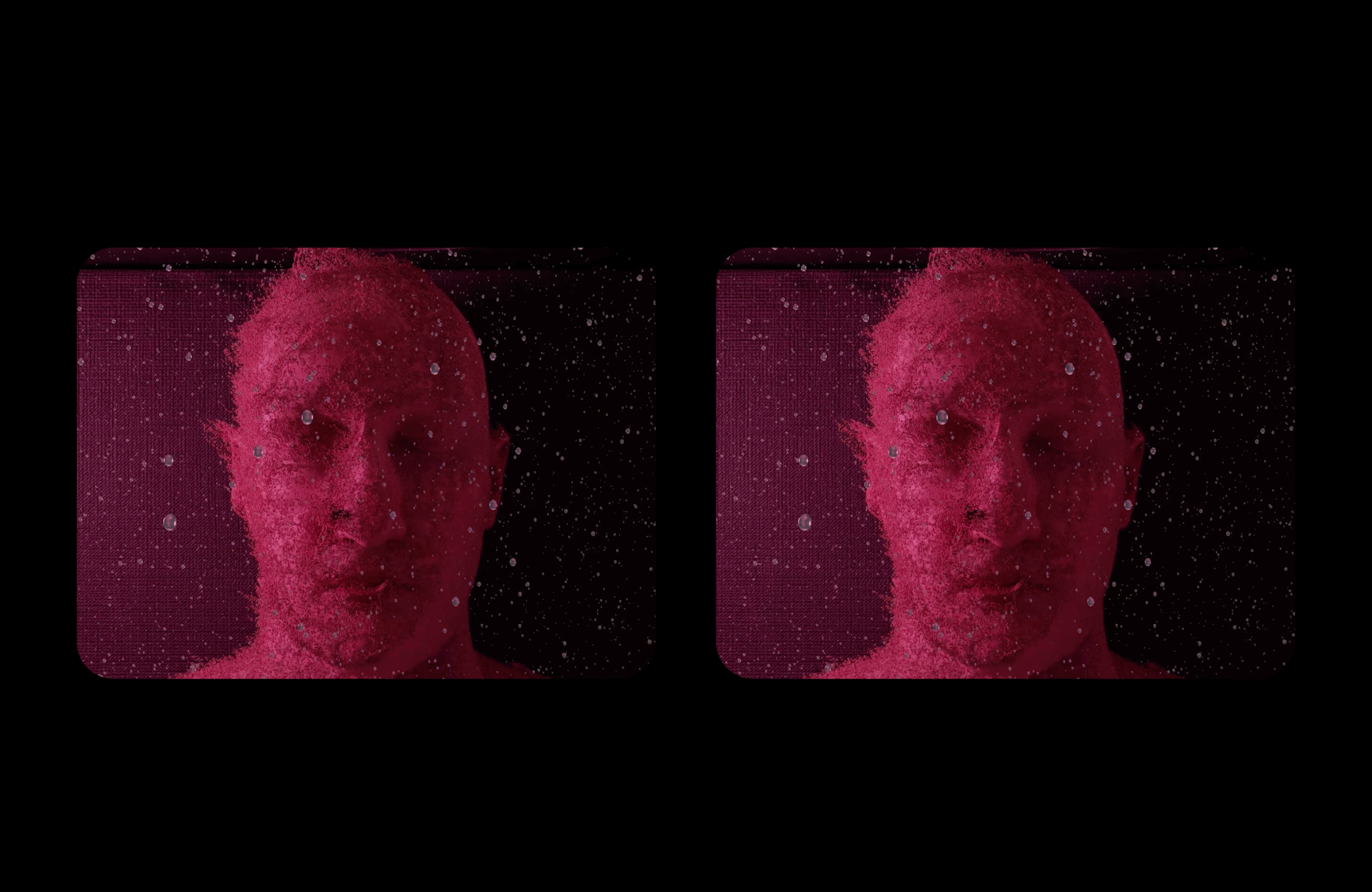 Deux images identiques d'un visage en rouge avec des particules en suspension.