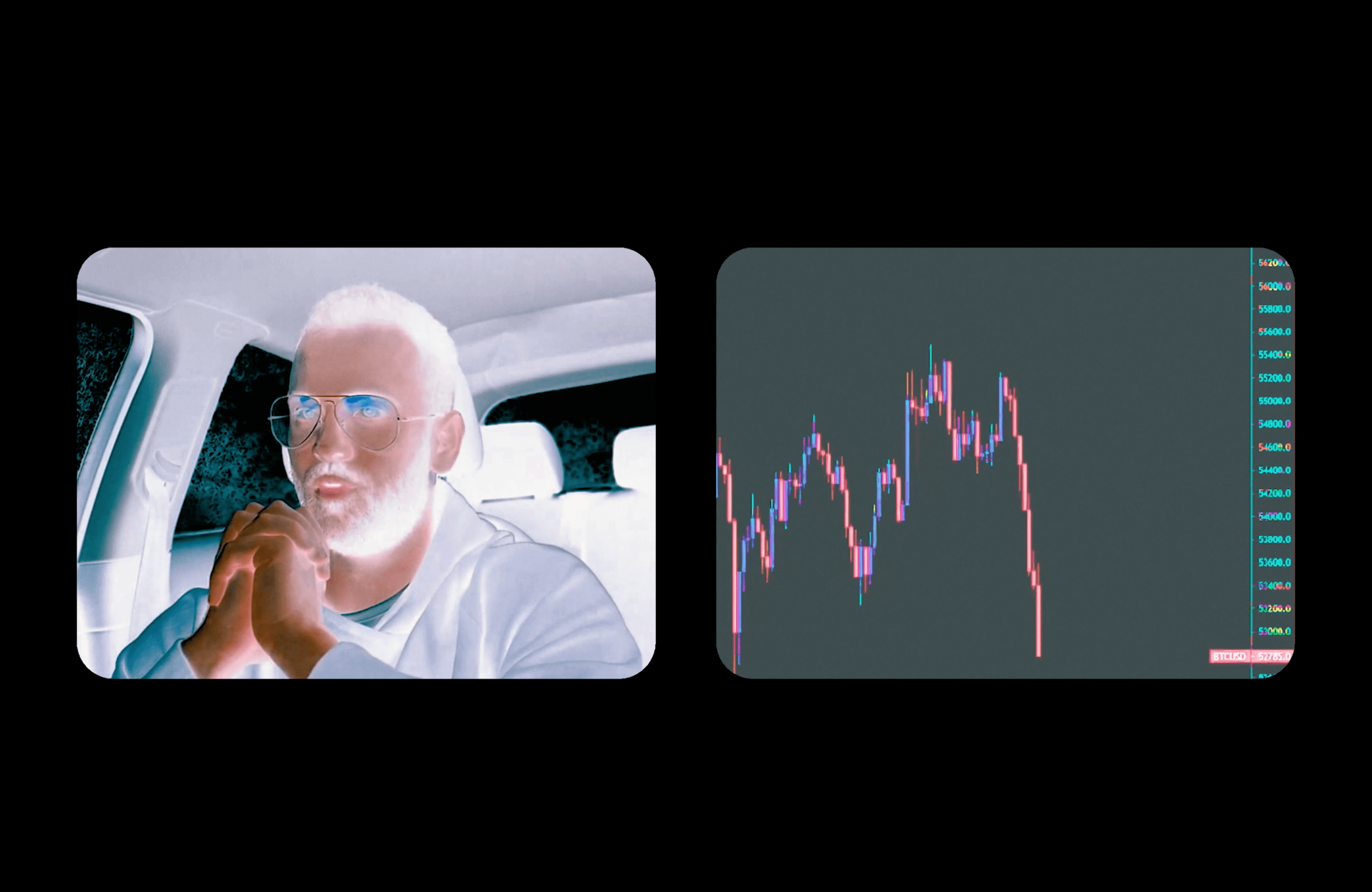 Homme avec lunettes de soleil dans une voiture à gauche, graphique de bourse à droite.