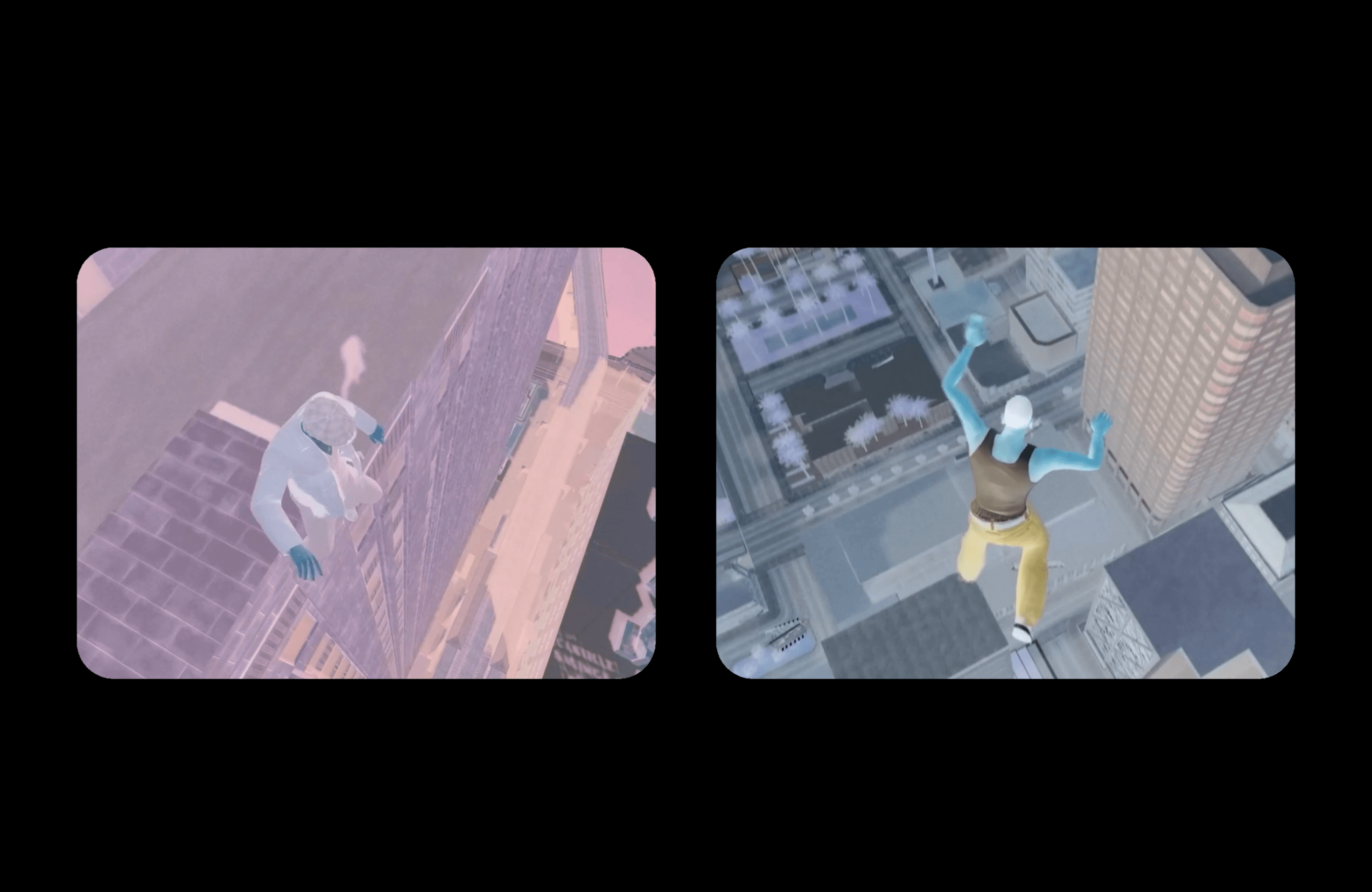 Personnage bleu escaladant un immeuble à gauche, sautant d'un immeuble à droite.