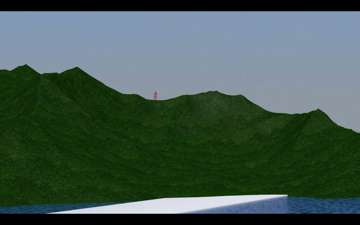 Une colline verte avec une petite silhouette rose sur le sommet, et un plan d'eau à l'avant-plan sous un ciel clair.