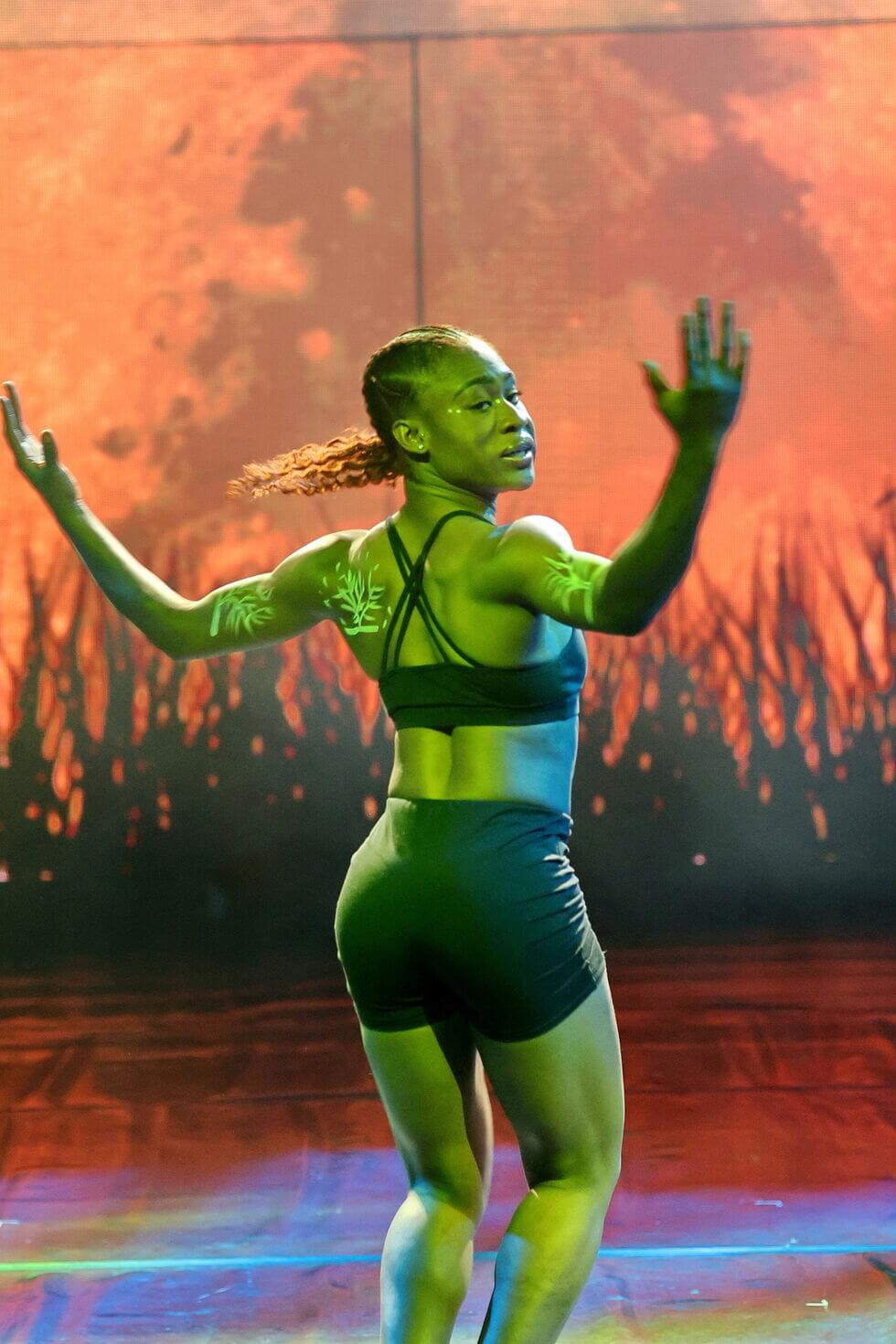 Une personne en tenue de sport se produit sur scène avec en arrière-plan un coucher de soleil ardent et de hautes herbes. Elle porte des peintures corporelles de style tribal sur les bras et le dos, et ses cheveux sont attachés en arrière. Elle est tournée vers le côté, les bras levés.