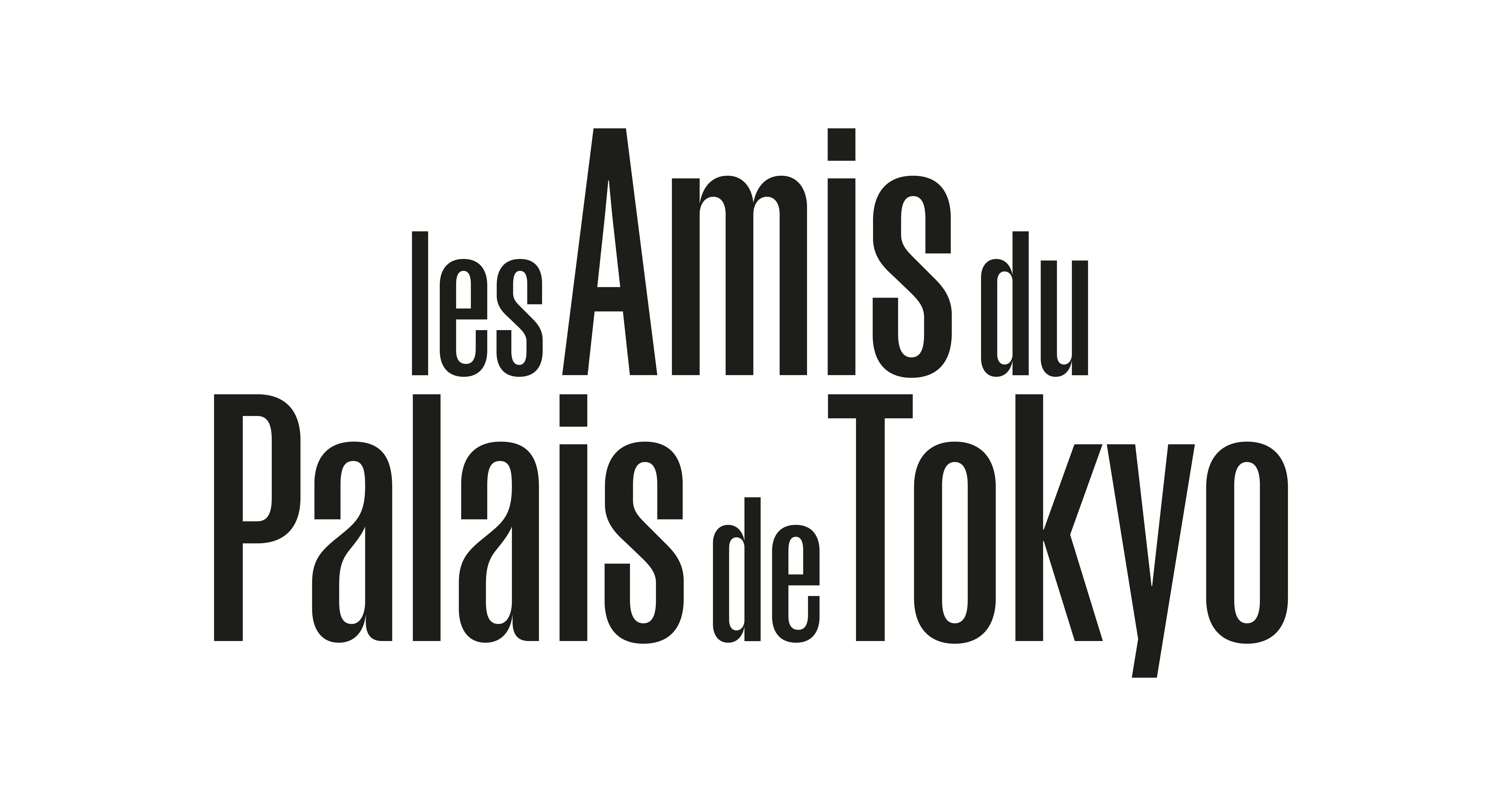 Le texte noir sur fond transparent indique « les Amis du Palais de Tokyo » dans une police sans empattement audacieuse et moderne, avec différentes tailles de police mettant l'accent sur les Amis et le Palais de Tokyo.