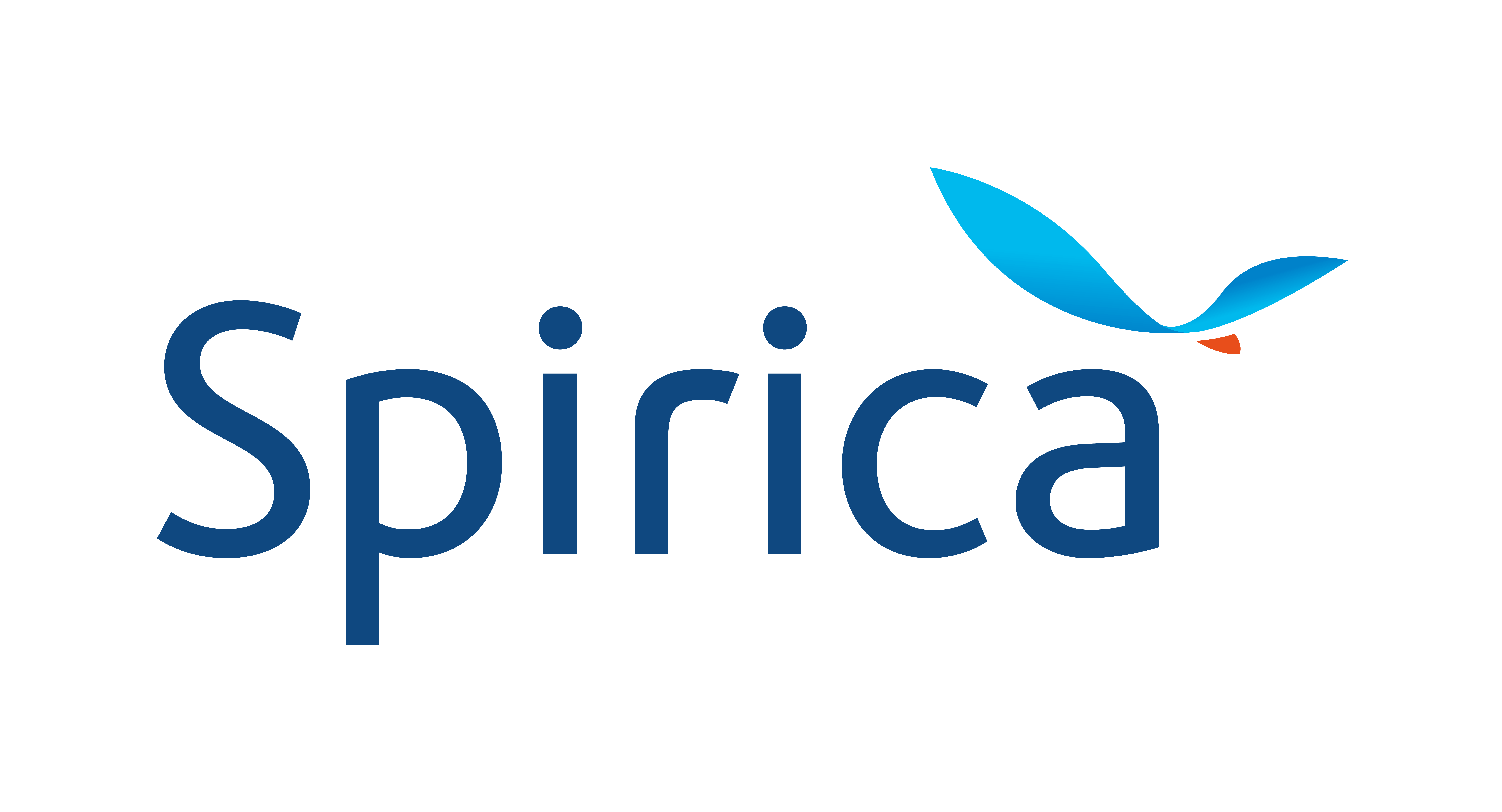 L'image montre le logo Spirica avec le nom de la marque en lettres bleues et une forme abstraite stylisée bleue et orange ressemblant à un oiseau ou à une feuille au-dessus de la lettre a.