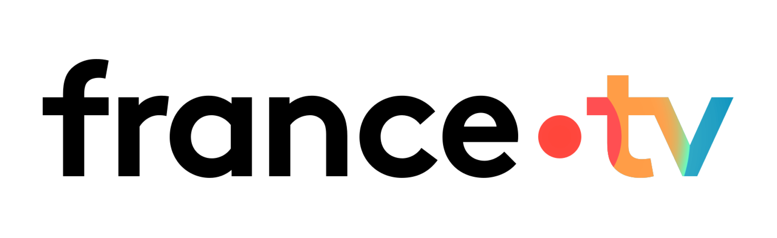 Logo displaying the text france.tv in black, with tv in gradient orange and blue letters and a red dot between france and tv, on a white background.