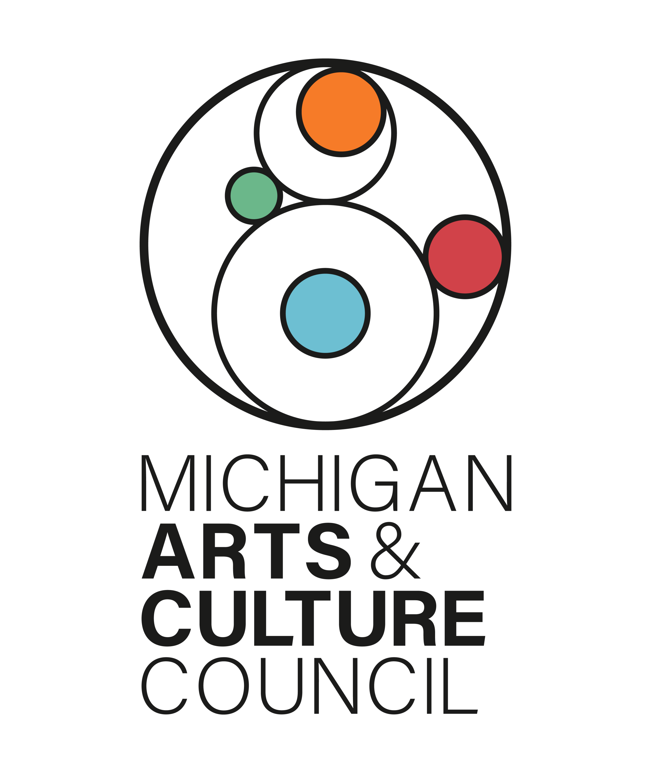 Logo of the Michigan Arts & Culture Council featuring overlapping circles in orange, green, red, and blue above the councils name in bold, black text.
