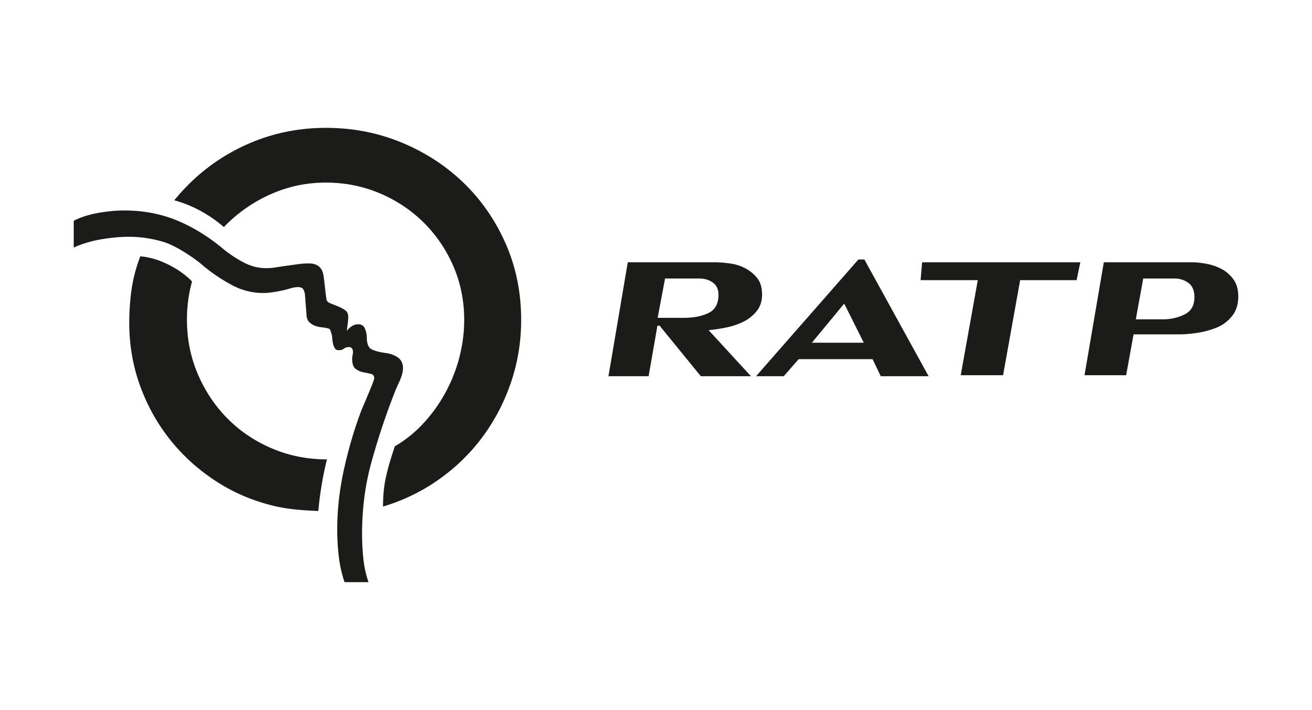 The RATP logo features a stylized profile of a persons face within a circular shape, next to the bold black letters RATP on a white background.