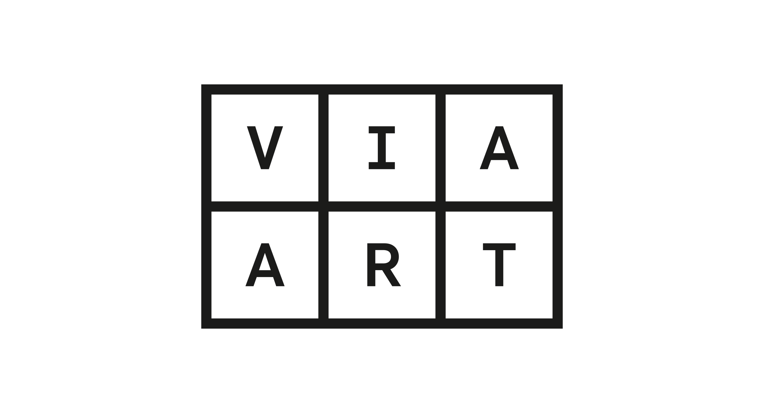 A 3x2 grid with black lines contains the letters VIA in the top row and ART in the bottom row, forming the phrase VIA ART on a white background.