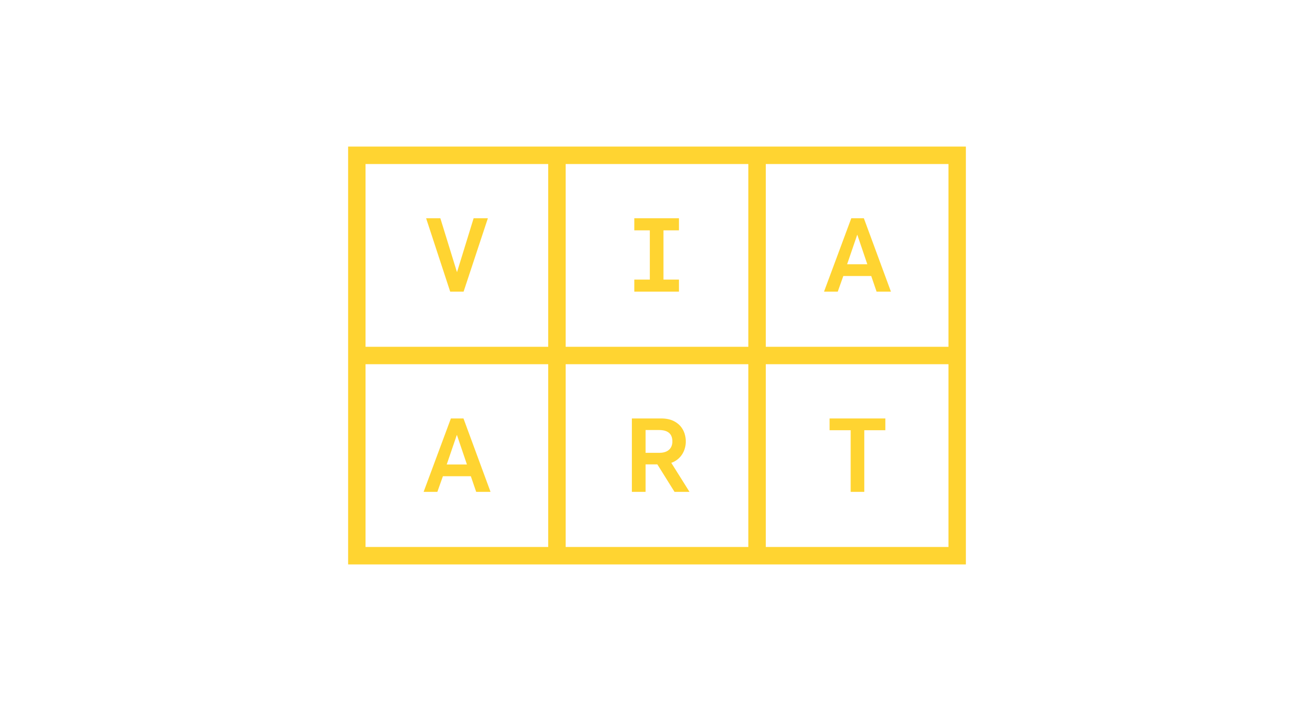 A yellow grid of six squares on a light gray background, spelling out VIA ART with one letter in each square.