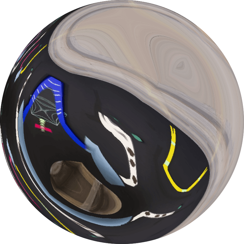 Une image déformée, sphérique, comportant des lignes et des formes colorées sur un fond sombre.