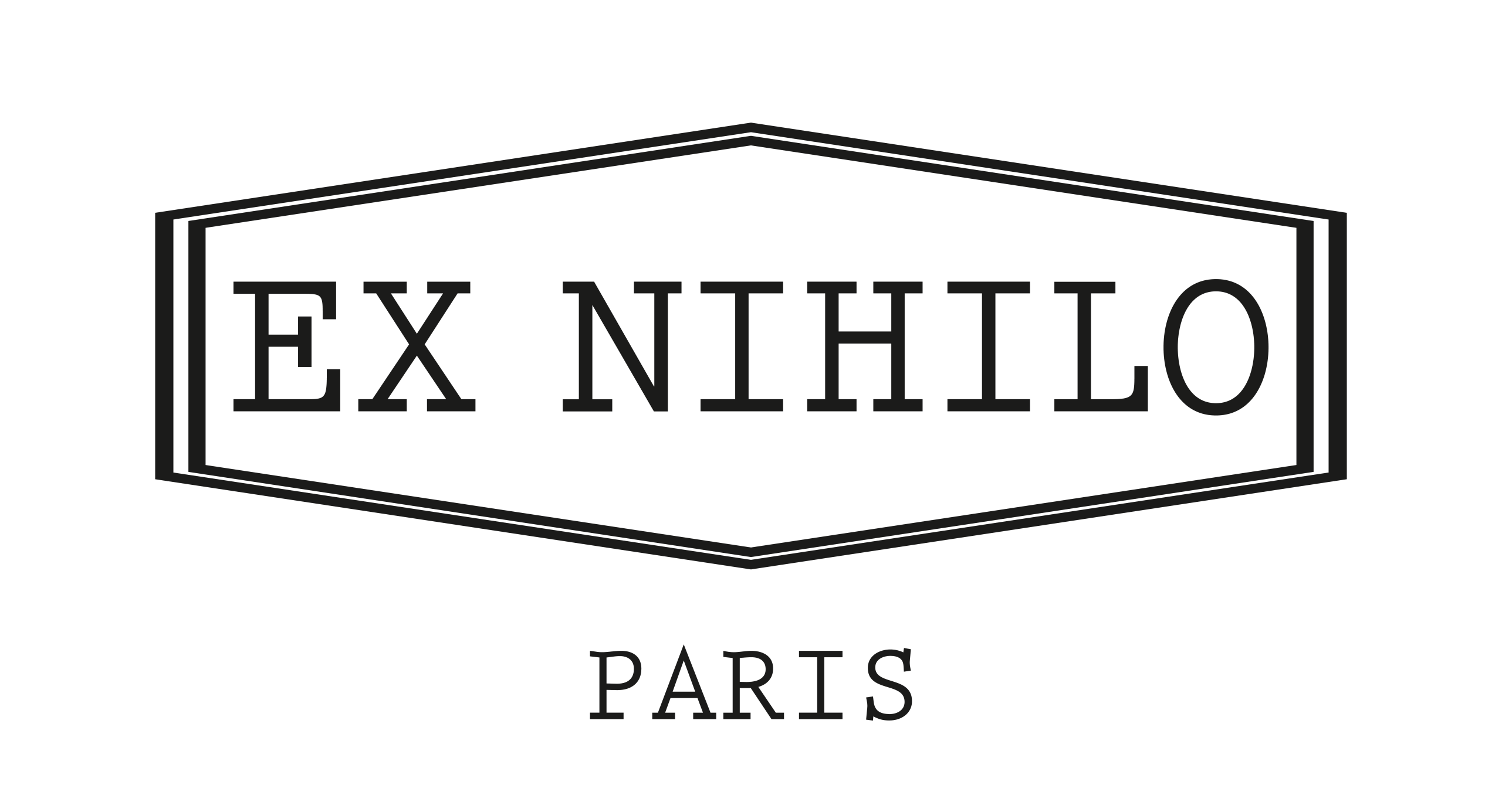 Black outlined hexagon containing the text EX NIHILO in uppercase letters, with PARIS written below in smaller uppercase letters, all on a white background.