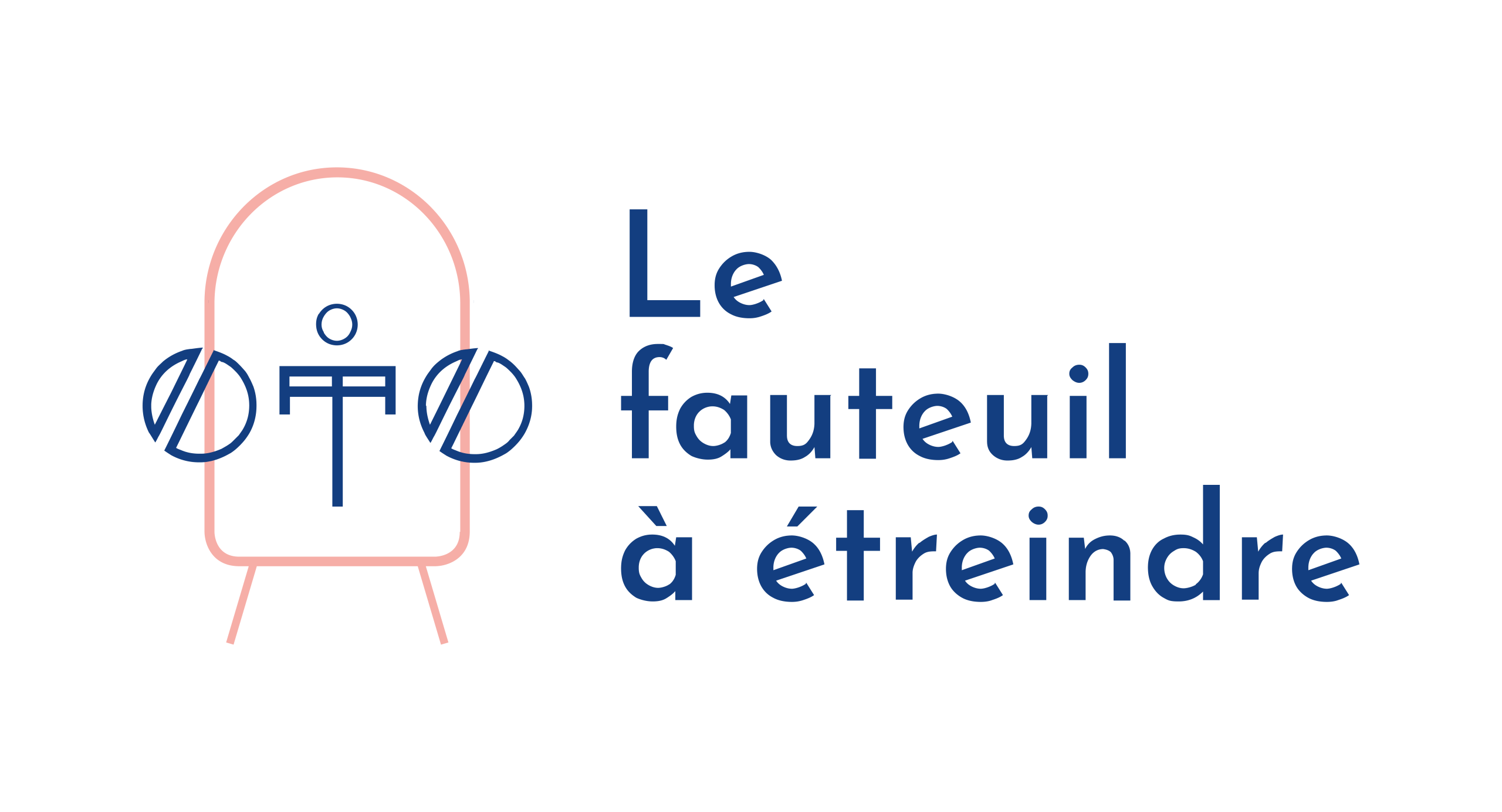 Simple line drawing of a chair with arms and a stick figure, next to French text that reads Le fauteuil à étreindre on a light background.