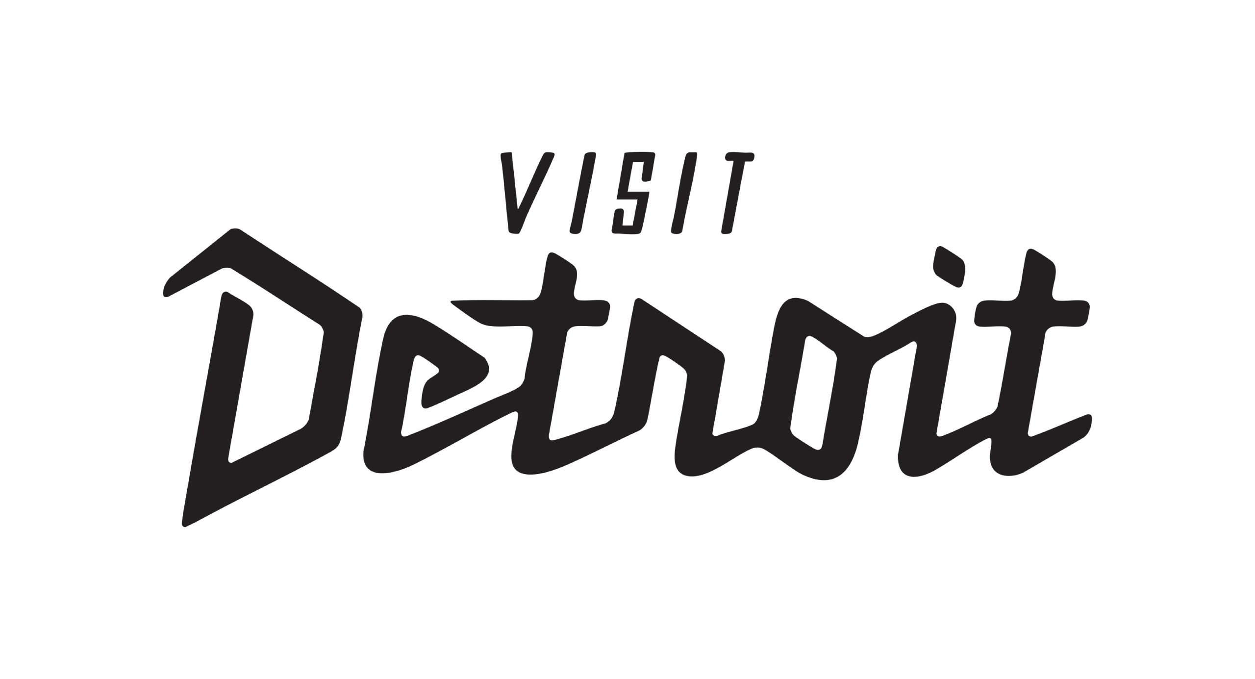 Le texte se lit Visit Detroit en caractères noirs gras et stylisés sur fond blanc.
