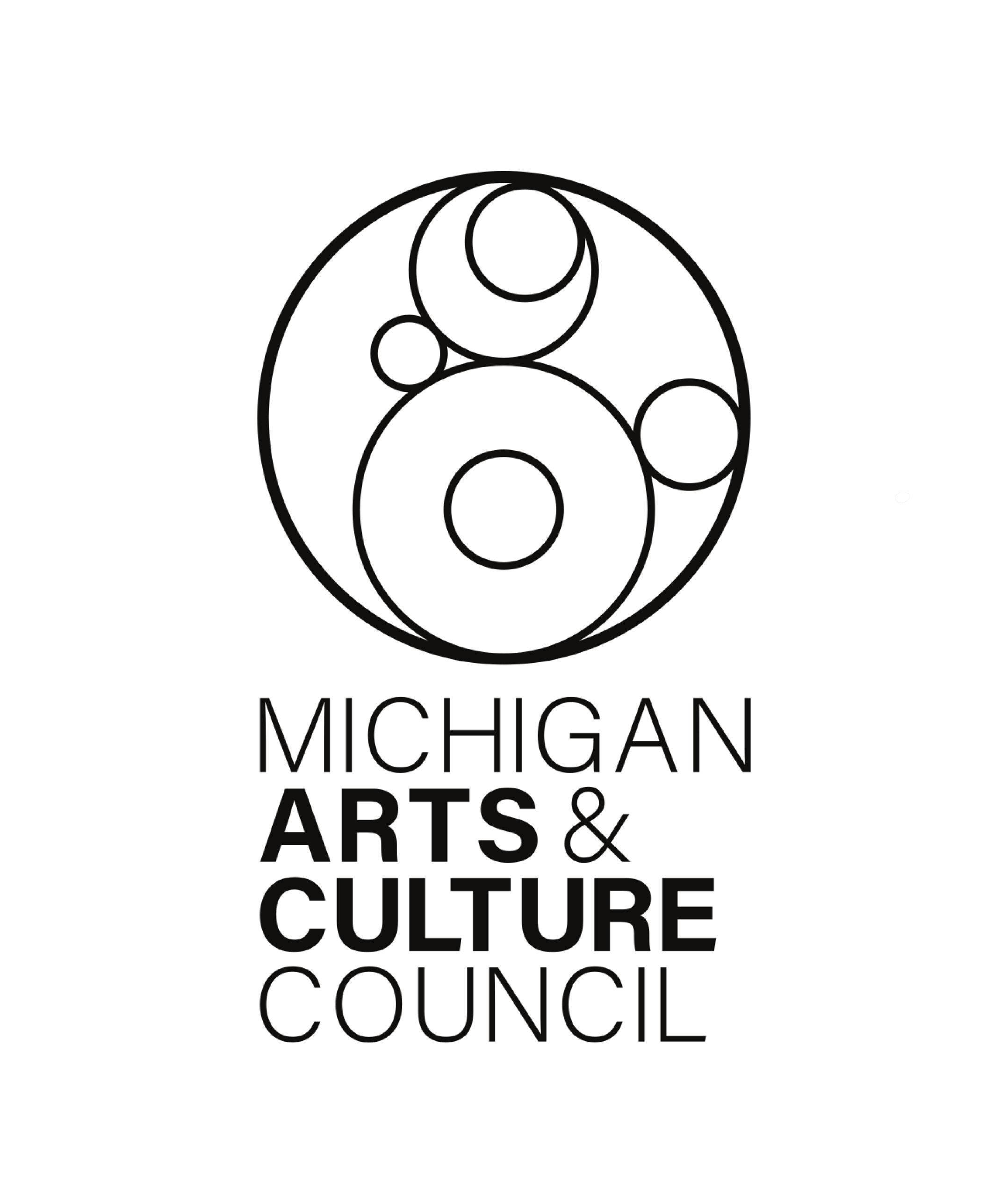 Logo pour le Conseil des arts et de la culture du Michigan présentant des cercles superposés au-dessus du nom de l'organisation en texte noir sur fond blanc.