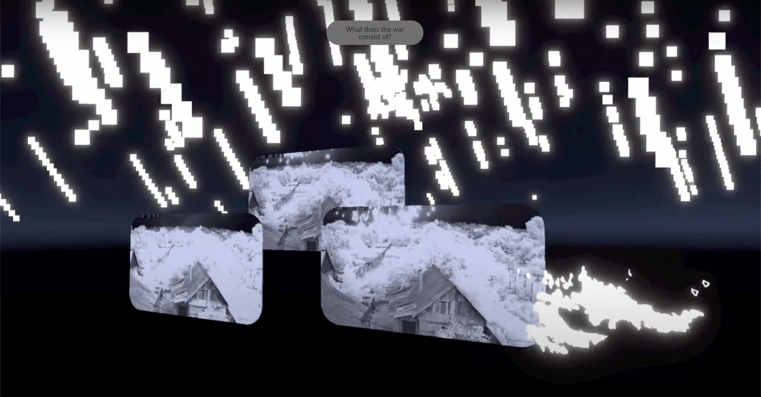 Collage numérique avec un fond noir, des images déformées en niveaux de gris de toits enneigés et des rectangles blancs pixellisés dispersés au-dessus. Une petite bulle de texte indique : "What does the view consist of ?" (En quoi consiste la vue ?).