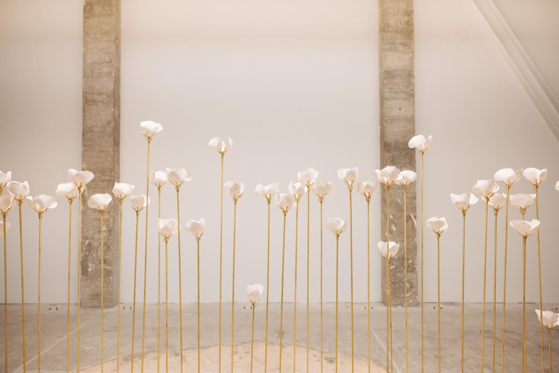 De hautes tiges élancées avec des sculptures blanches ressemblant à des fleurs sont disposées en rangées sur un sol de couleur claire sur un fond minimaliste avec deux colonnes verticales en béton.