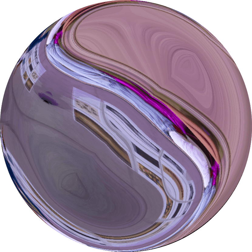 Une image sphérique déformée avec des motifs tourbillonnants en violet, rose et blanc, ressemblant à des reflets étirés et déformés de bâtiments.
