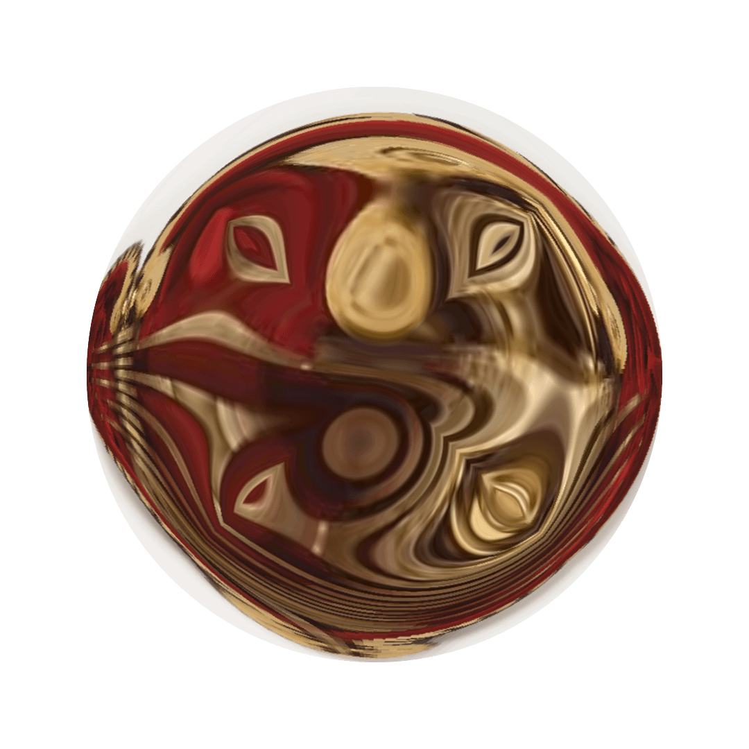 Image abstraite circulaire avec des motifs tourbillonnants dans les tons or, rouge et brun, avec des formes symétriques et un aspect brillant et réfléchissant.