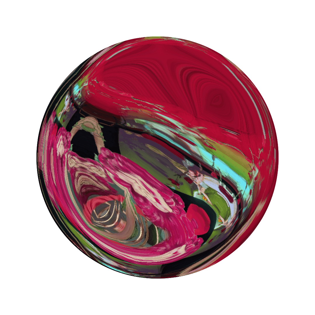 Une forme sphérique rendue numériquement avec des motifs tourbillonnants en rouge, rose, noir, vert et blanc sur un fond blanc uni.