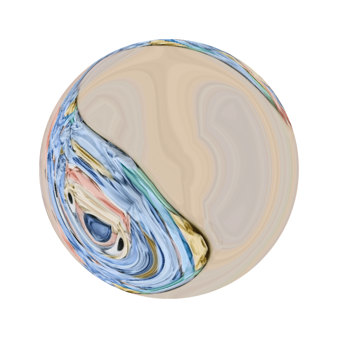 Une image sphérique déformée avec des couleurs pastel tourbillonnantes (bleu, beige, jaune et rose) sur un fond blanc uni.