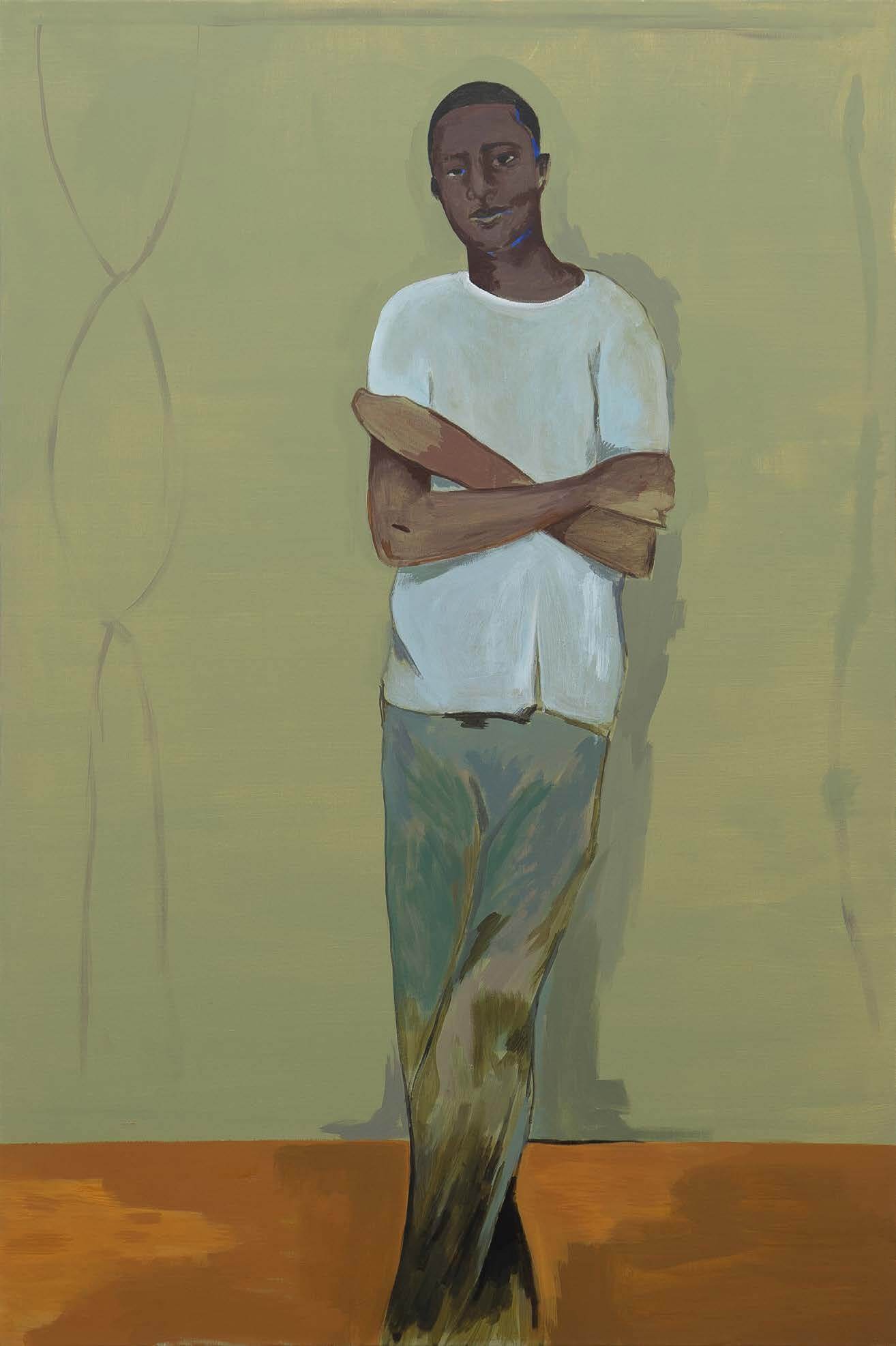 Peinture représentant un homme debout, les bras croisés, vêtu d'une chemise blanche et d'un pantalon vert, sur un fond vert atténué avec un sol marron.