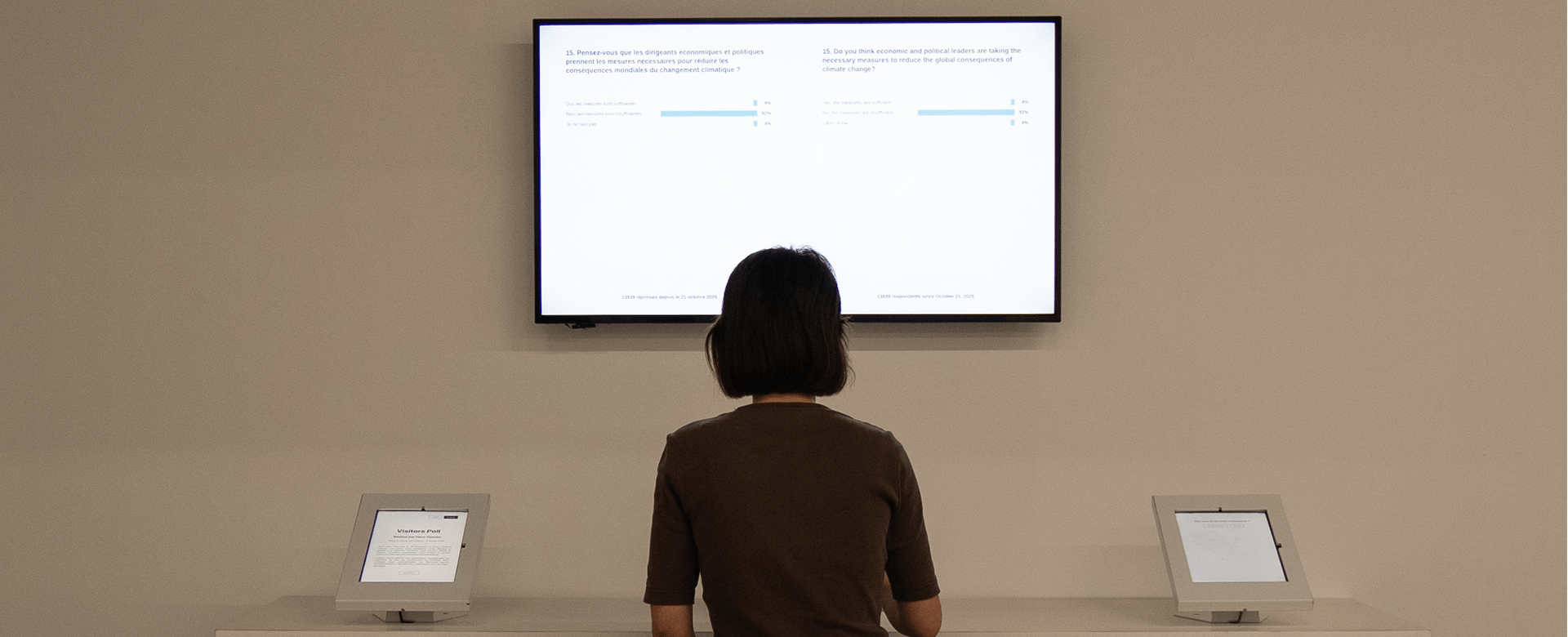 A person sits in front of two tablet devices and a large screen displaying survey or poll results in a plain room.