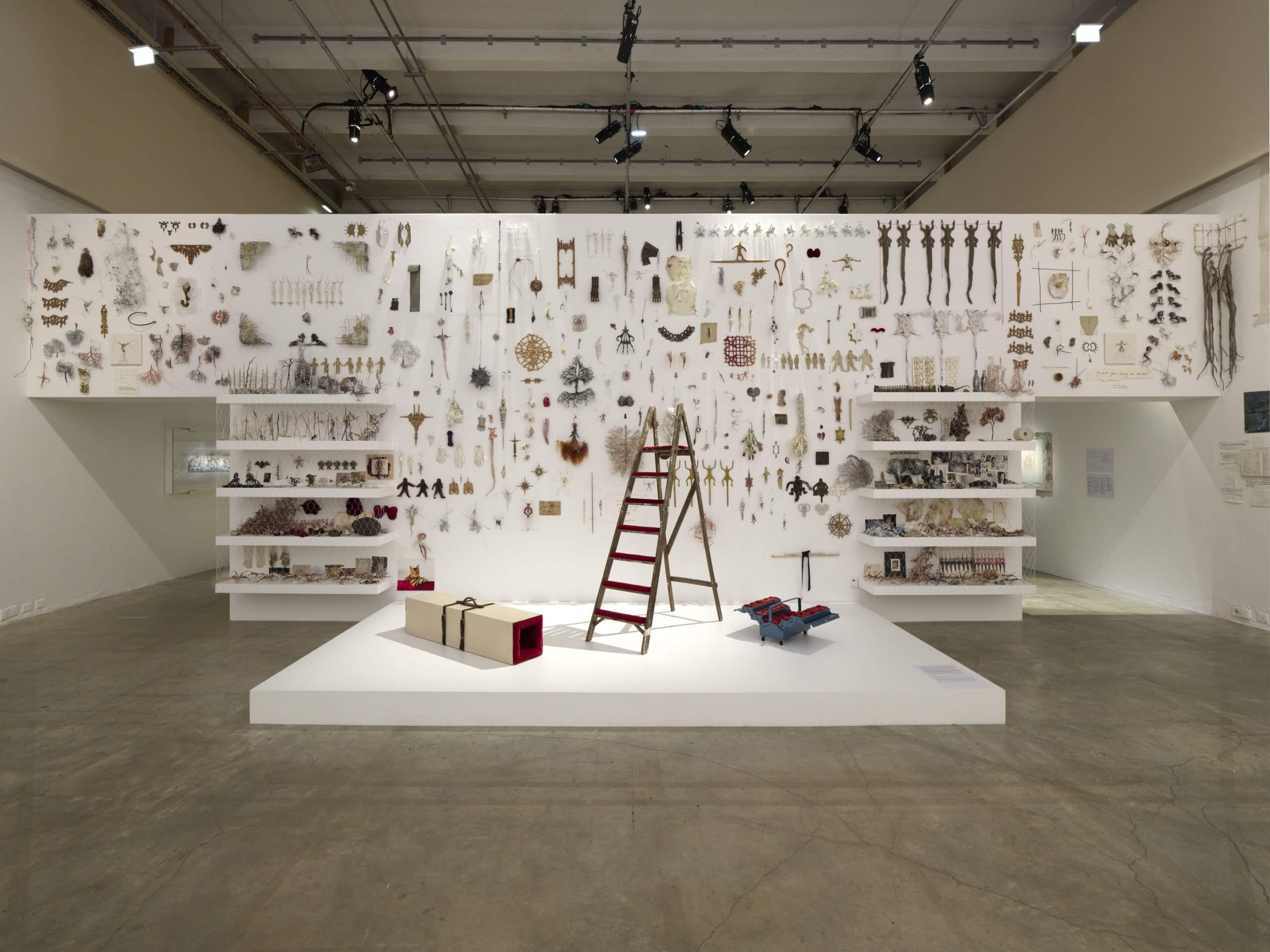 Une installation artistique comprend un présentoir central avec une échelle rouge, des boîtes et divers objets montés sur des murs blancs et des étagères dans une galerie spacieuse.