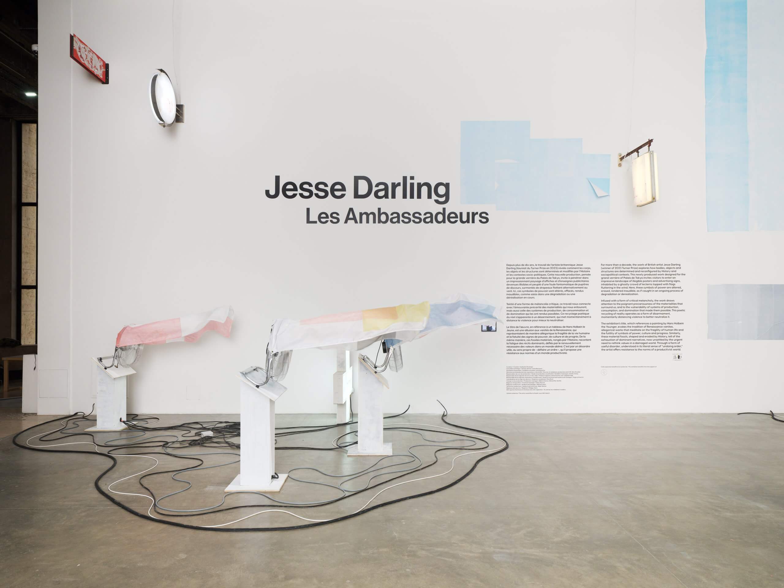 Vue d'une installation artistique avec trois sculptures sur socle couvertes, des fils drapés au sol et un texte mural lisant Jesse Darling Les Ambassadeurs accompagné d'un texte descriptif de l'exposition.