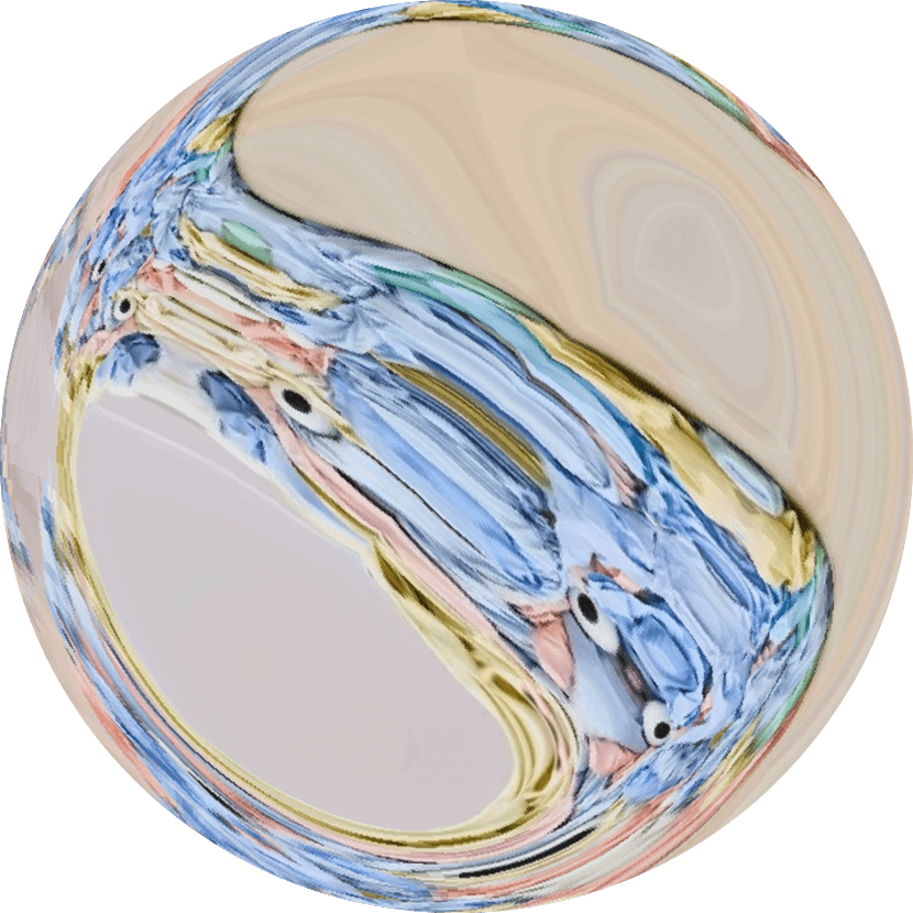Une forme abstraite ronde avec des couleurs pastel tourbillonnantes, dont le bleu, le beige, le rose et le jaune, et plusieurs points noirs.