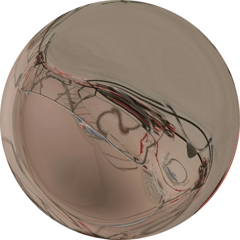 Une sphère déformée et abstraite avec des lignes beiges, brunes, rouges et noires tourbillonnant sur sa surface.