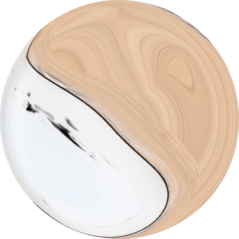 Une sphère avec un motif lisse et tourbillonnant en beige et blanc, divisée en diagonale avec de subtils accents noirs sur la zone la plus claire.