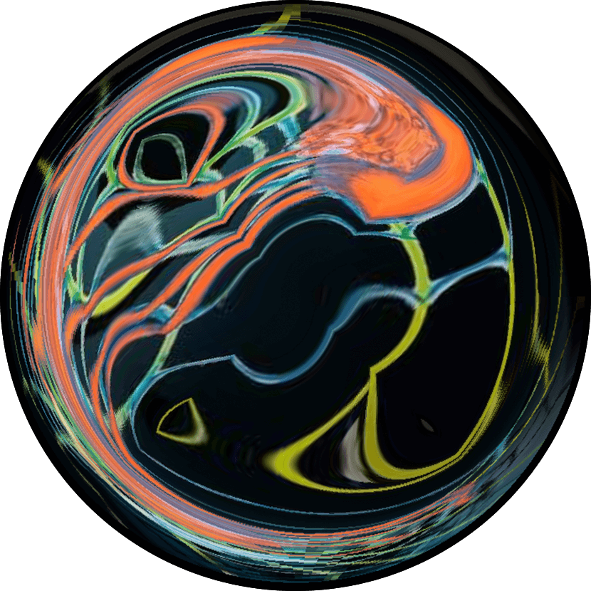 Une œuvre d'art numérique abstraite circulaire avec des motifs tourbillonnants en orange, vert, jaune et bleu sur un fond noir.