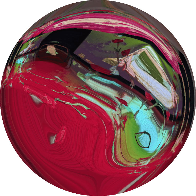 Une image abstraite circulaire avec des tourbillons dominants de rouge, de vert, de noir et de rose, créant un effet déformé et pictural dans un cadre sphérique.