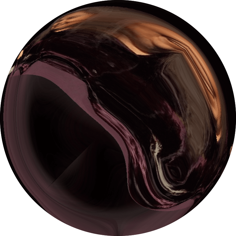 Sphère abstraite, sombre et brillante, avec des tons bruns, noirs et cuivrés tourbillonnants sur un fond clair uni.