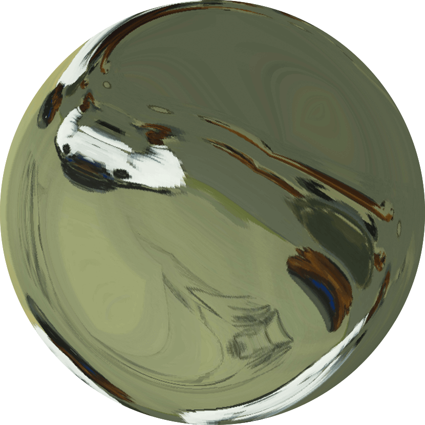 Une sphère déformée et réfléchissante avec des nuances de vert, de blanc, de brun et de bleu, présentant des reflets abstraits et déformés sur sa surface.