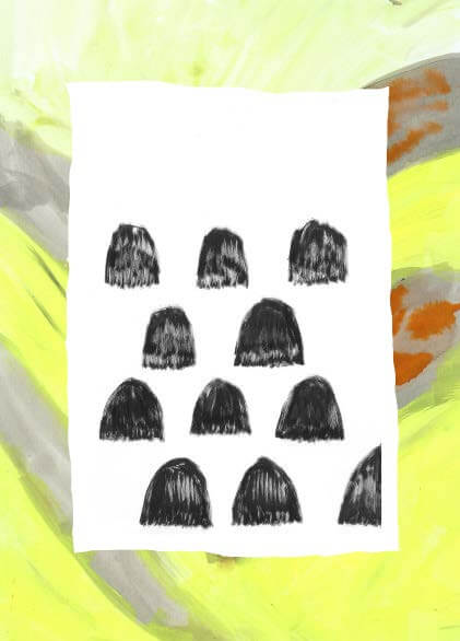 Une feuille blanche avec douze illustrations de cheveux noirs, courts et raides, disposés en rangs, sur un fond abstrait jaune, vert et orange.