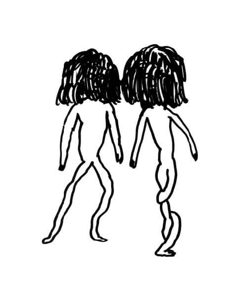 Deux dessins abstraits au trait, en noir et blanc, représentant des personnages humains aux cheveux volumineux et texturés se tiennent côte à côte, face à l'observateur.