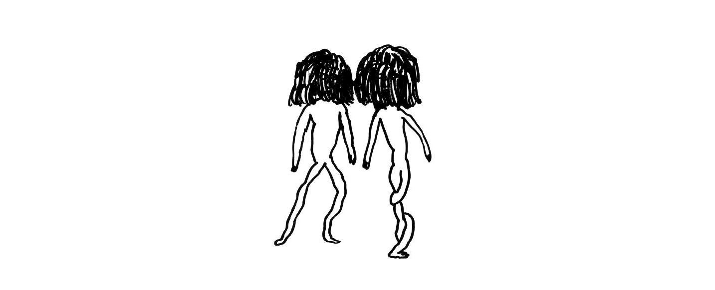 Un simple dessin au trait en noir et blanc de deux silhouettes humaines nues aux longs cheveux noirs se tenant côte à côte, face à l'observateur.