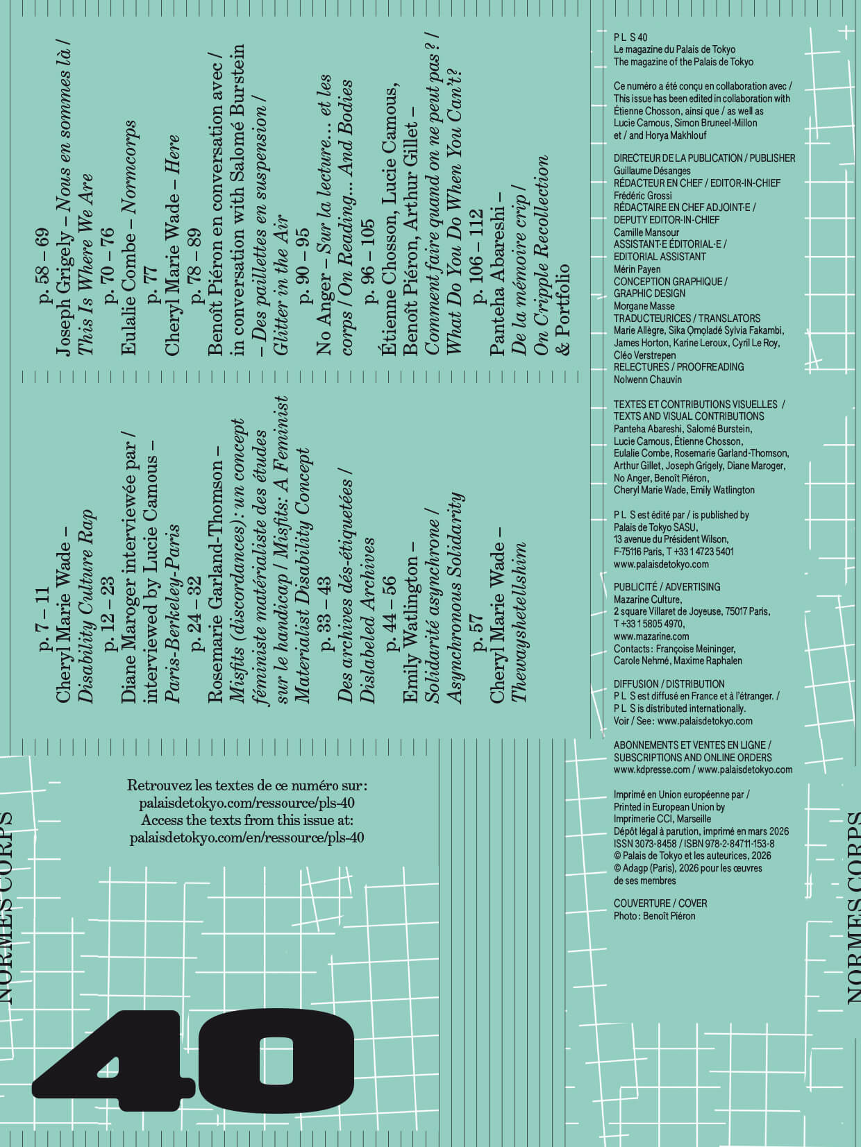 A magazine contents page with a blue-green background, black and white text, a grid pattern, and the number 40 in bold at the bottom left.