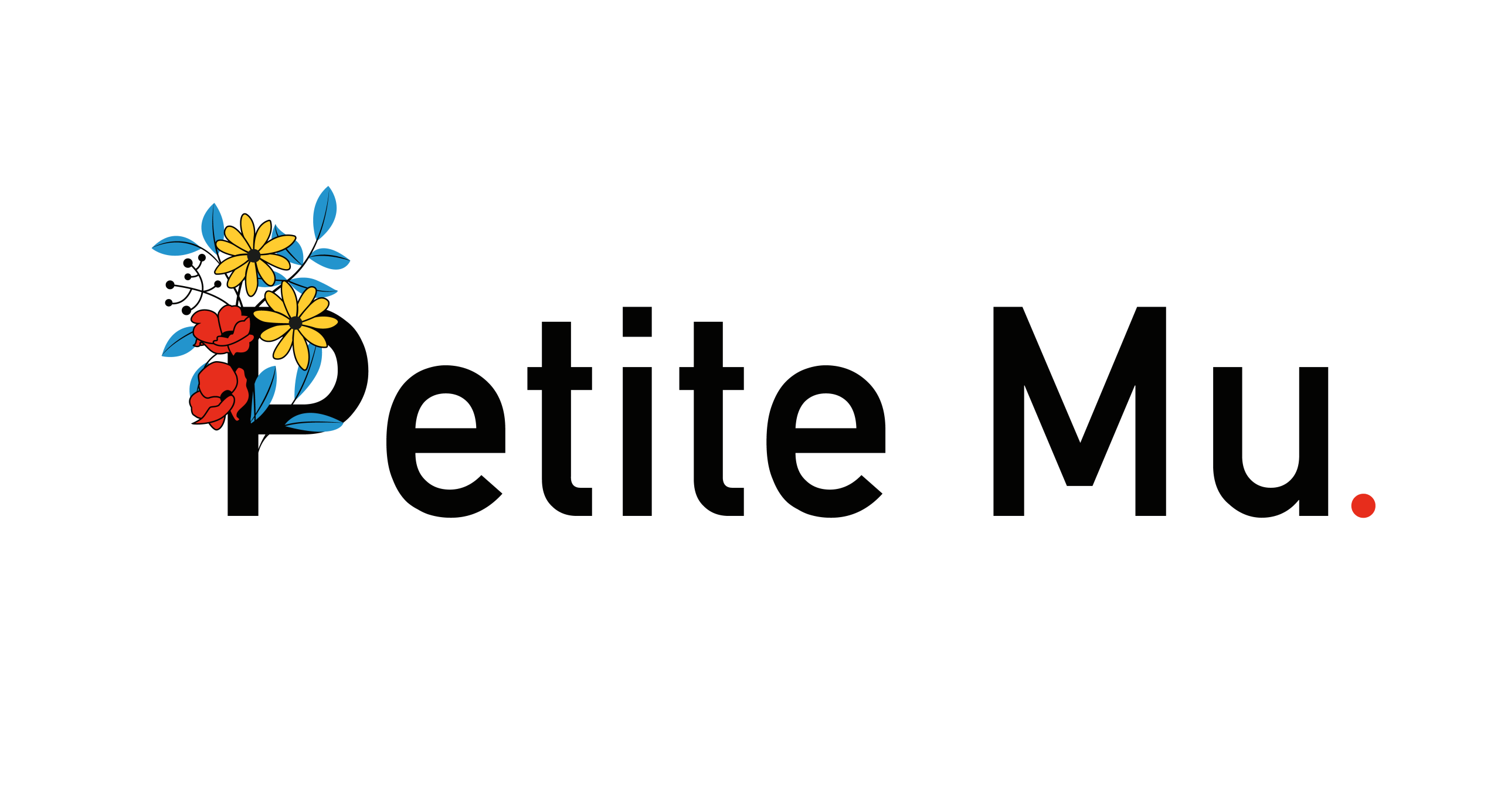 The text Petite Mu. in black font, with a red period and floral designs integrated into the letter P on a light background.