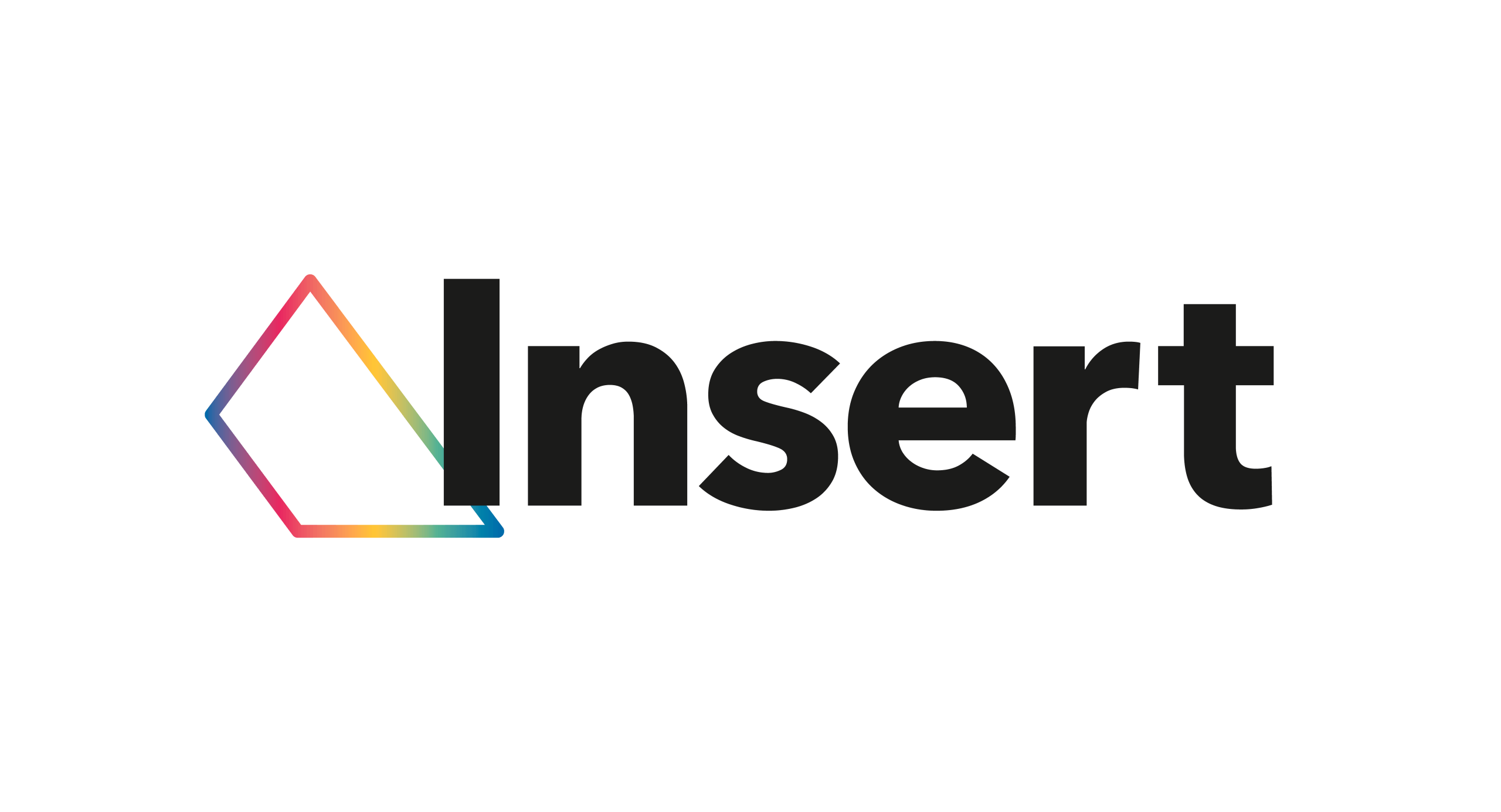 The word Insert in bold black text with a geometric outline of a triangle in rainbow colors to the left of the text on a white background.