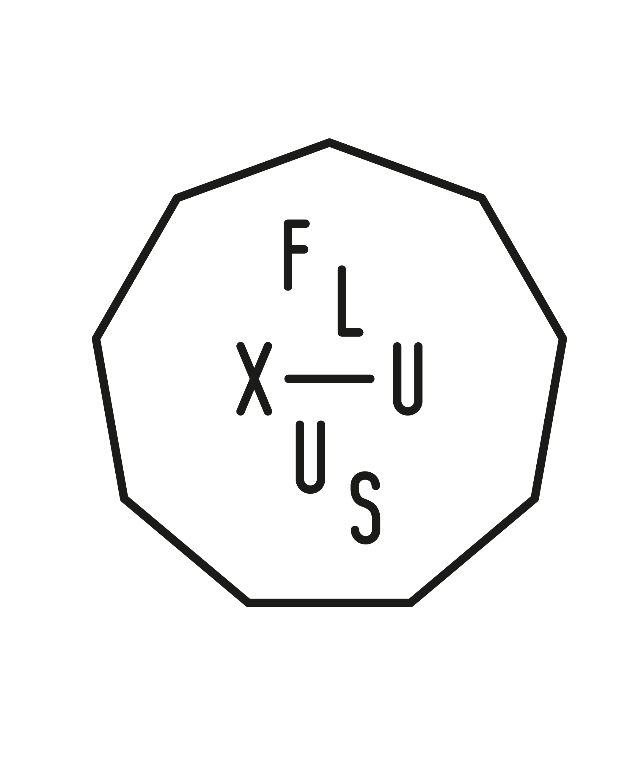 Black outline of a nine-sided polygon with the word FLUXUS arranged vertically and horizontally in the center, sharing the letter U, on a white background.
