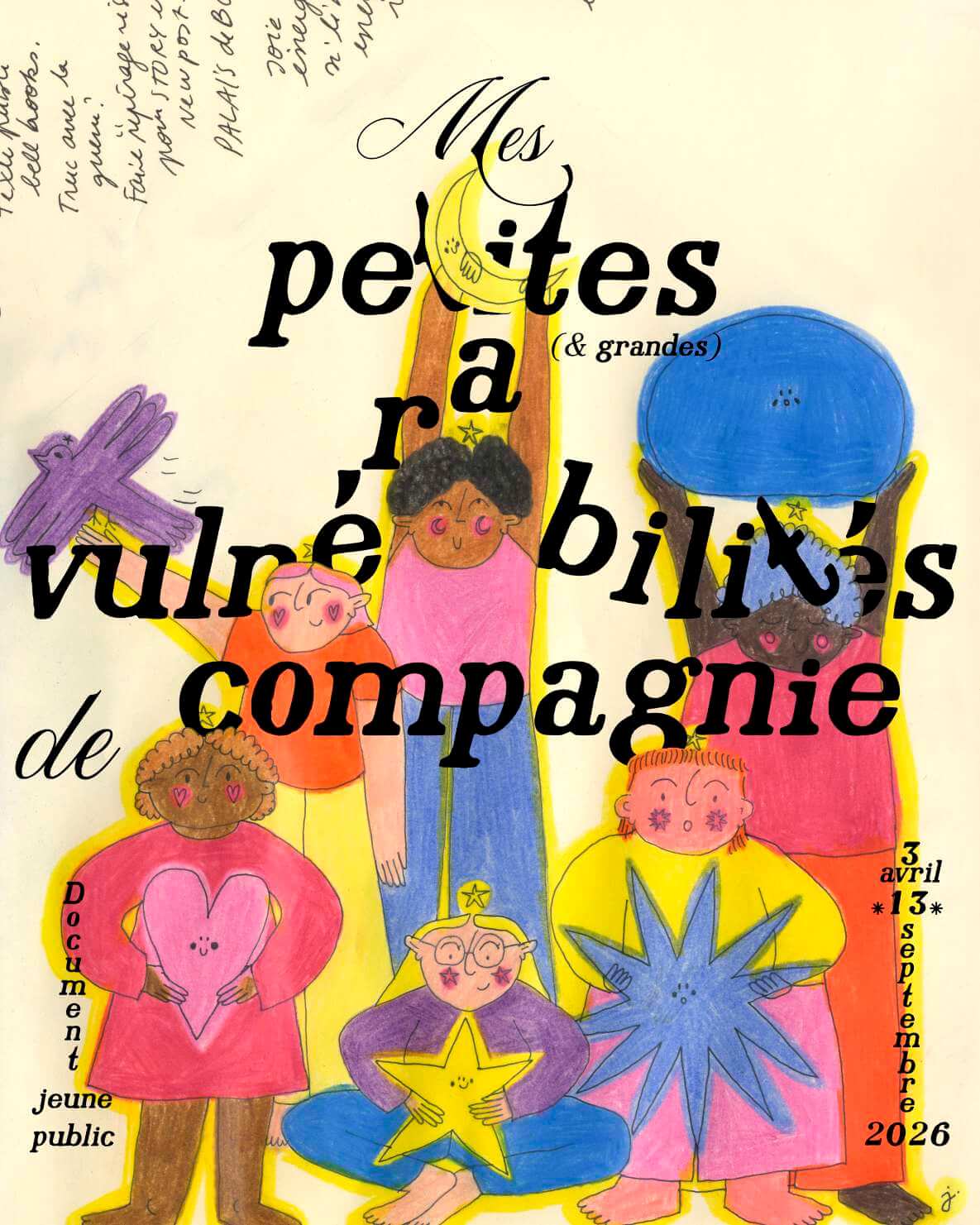 Illustration colorée de personnes diverses tenant des cœurs et des étoiles, superposée à un texte en français concernant un événement intitulé Mes petites (& grandes) vulnérabilités de compagnie d'avril à septembre 2026.