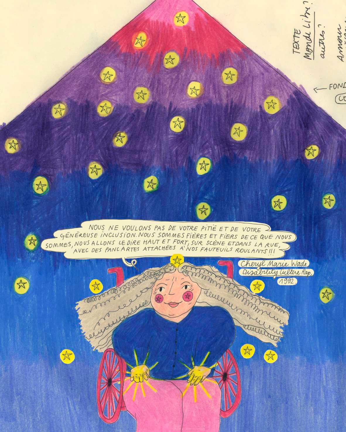 Illustration d'une personne en fauteuil roulant aux cheveux longs, entourée d'étoiles jaunes, sous une pyramide violette et rouge. Des bulles de texte en français et une étiquette informative sont incluses.