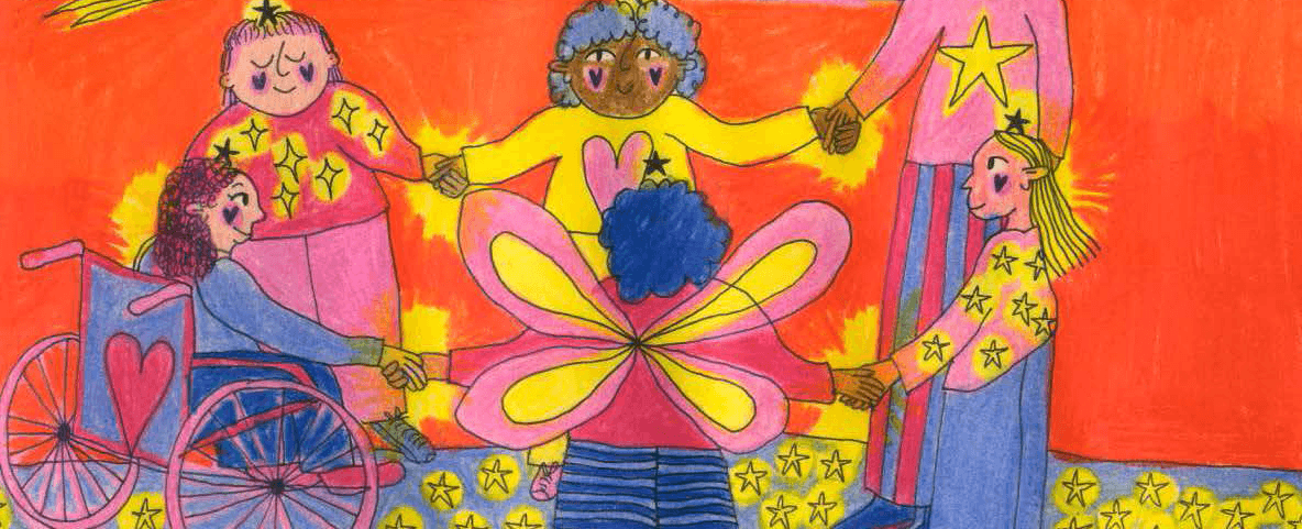 Cinq personnes, dont une en fauteuil roulant et une avec des ailes de papillon, se tiennent par la main en cercle sur un sol rempli d'étoiles, sur un fond orange vif.