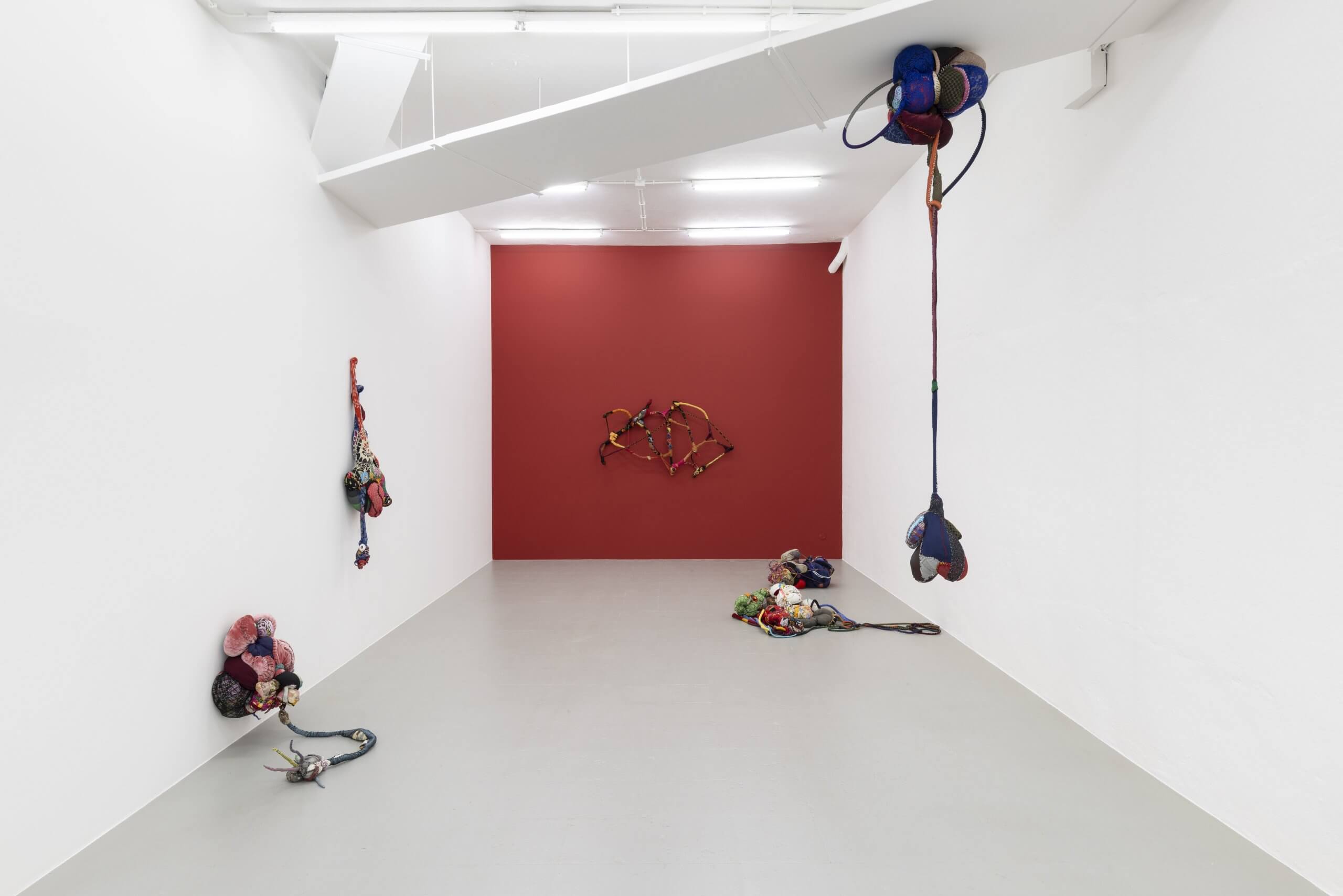 Une galerie d'art contemporain aux murs blancs, avec un mur d'accent rouge au fond, et des sculptures en techniques mixtes, réalisées à partir de tissu et de corde, exposées sur les murs et au sol.